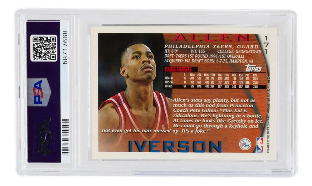 Allen Iverson 1996 Philadelphia 76ers Topps Card #171 PSA NM- MT 8 - Image 3