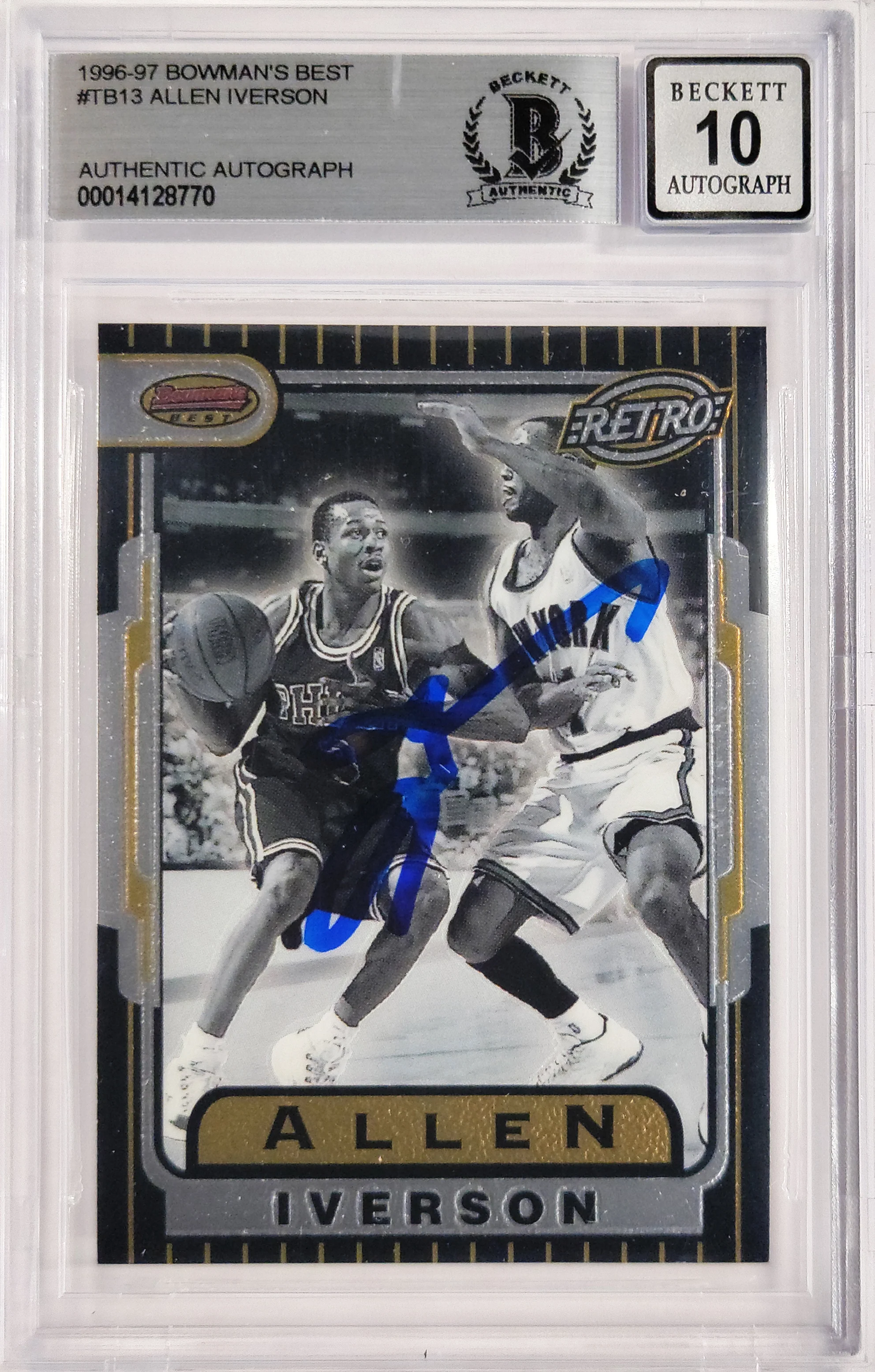 Allen Iverson Autographed 1996-97 Bowman's Best Retro Rookie Card #TB13 Philadelphia 76ers Auto Grade Gem Mint 10 Beckett BAS #14128770 - Image 2