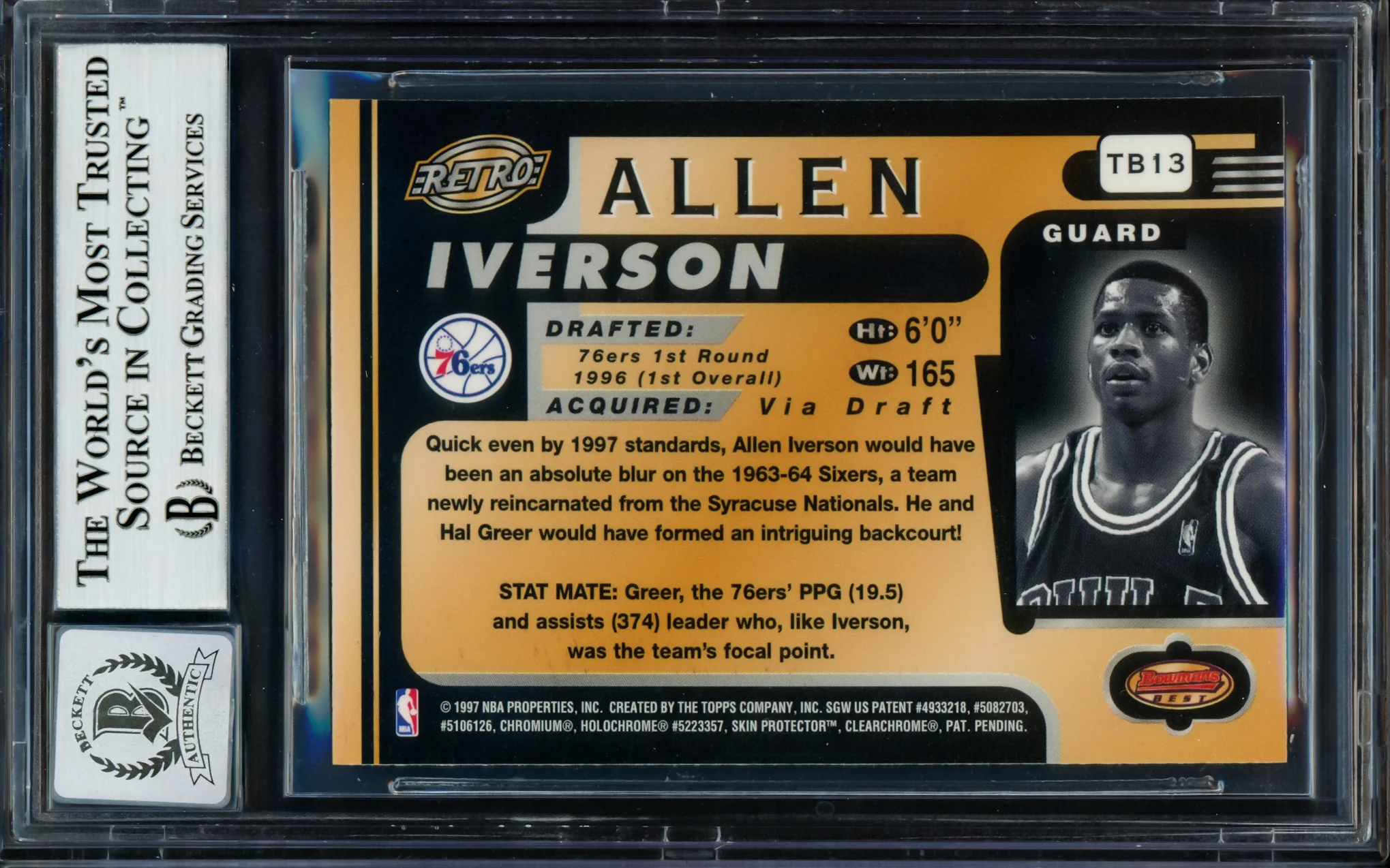 Allen Iverson Autographed 1996-97 Bowman's Best Retro Rookie Card #TB13 Philadelphia 76ers Auto Grade Gem Mint 10 Beckett BAS #14128770 - Image 4