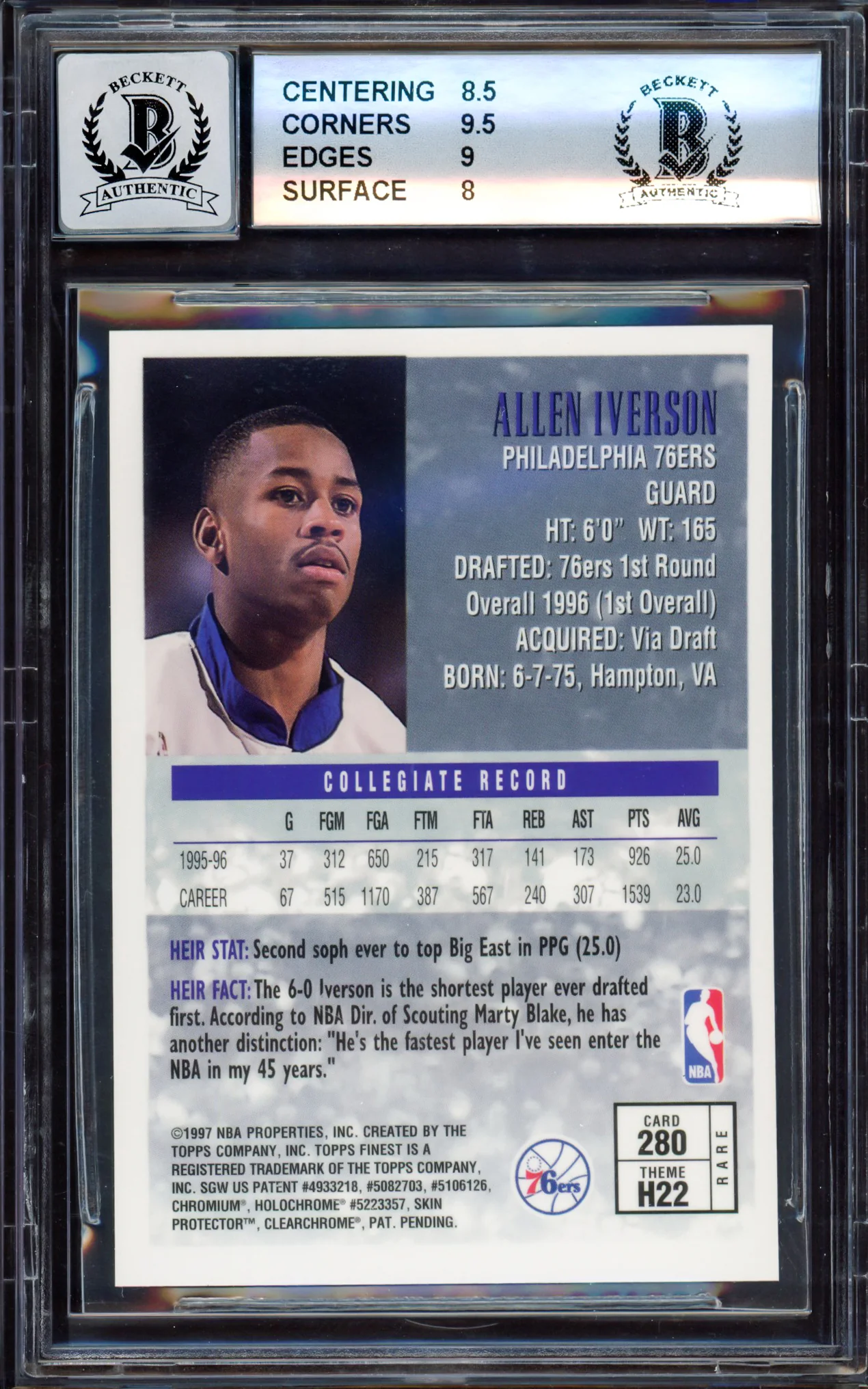 Allen Iverson Autographed 1996-97 Finest Gold Rookie Card #280 Philadelphia 76ers BGS 8.5 Auto Grade Gem Mint 10 Beckett BAS #15530902 - Image 2