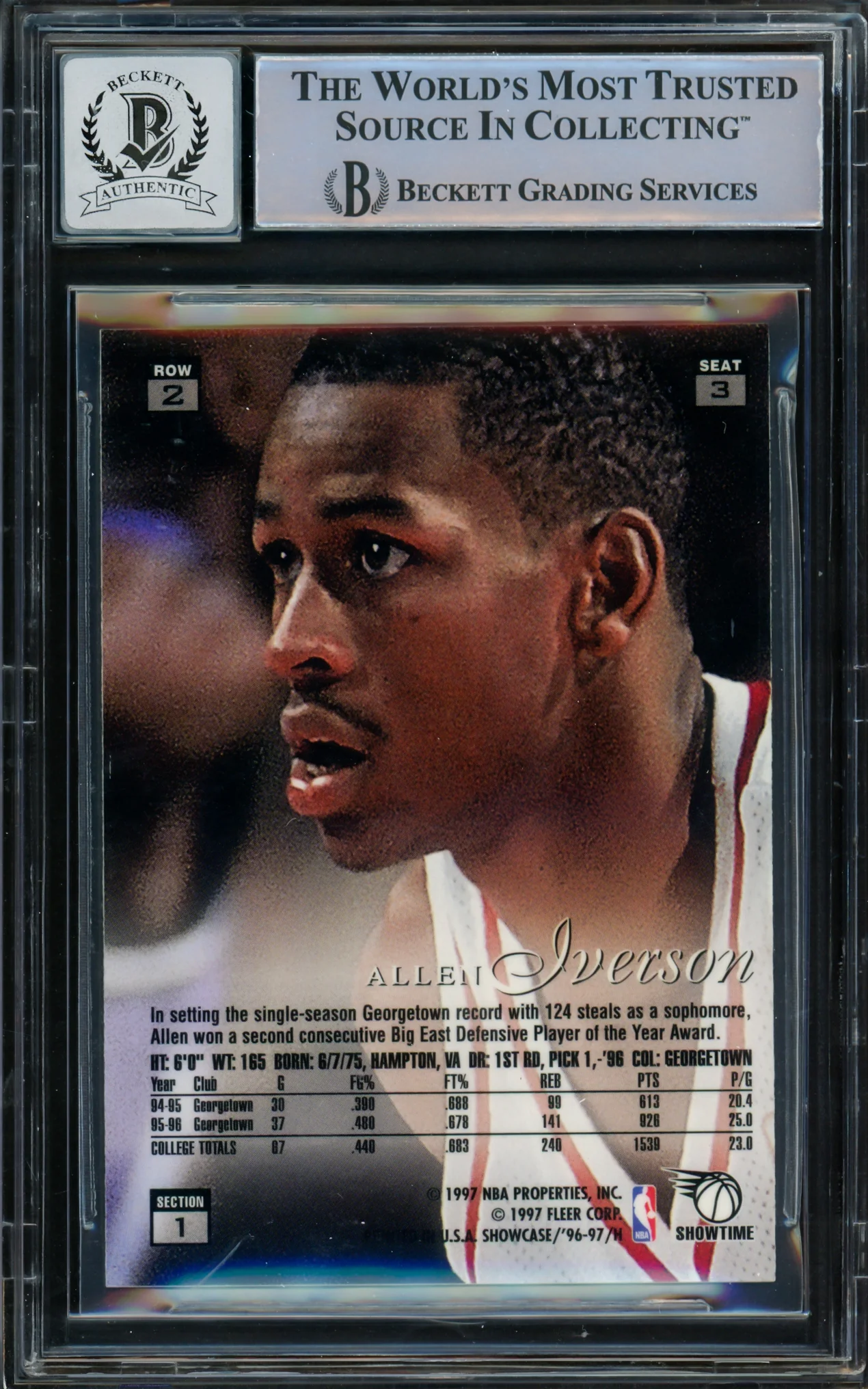Allen Iverson Autographed 1996-97 Flair Showcase Rookie Card #Row 2 Philadelphia 76ers Auto Grade Gem Mint 10 Beckett BAS #14866804 - Image 2