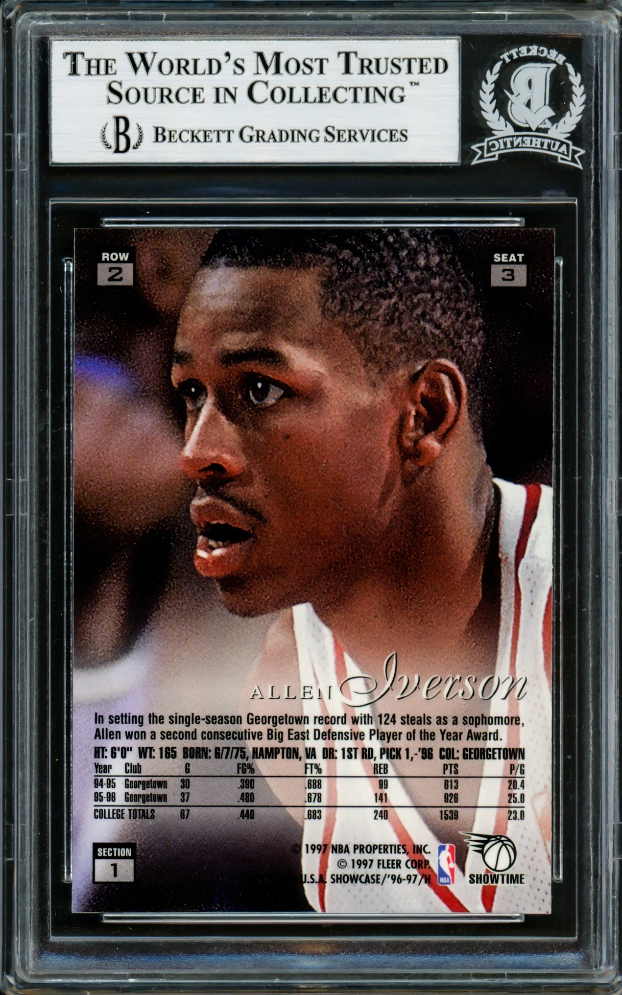 Allen Iverson Autographed 1996-97 Flair Showcase Row 2 Rookie Card #3 Philadelphia 76ers Beckett BAS #14134139 - Image 2