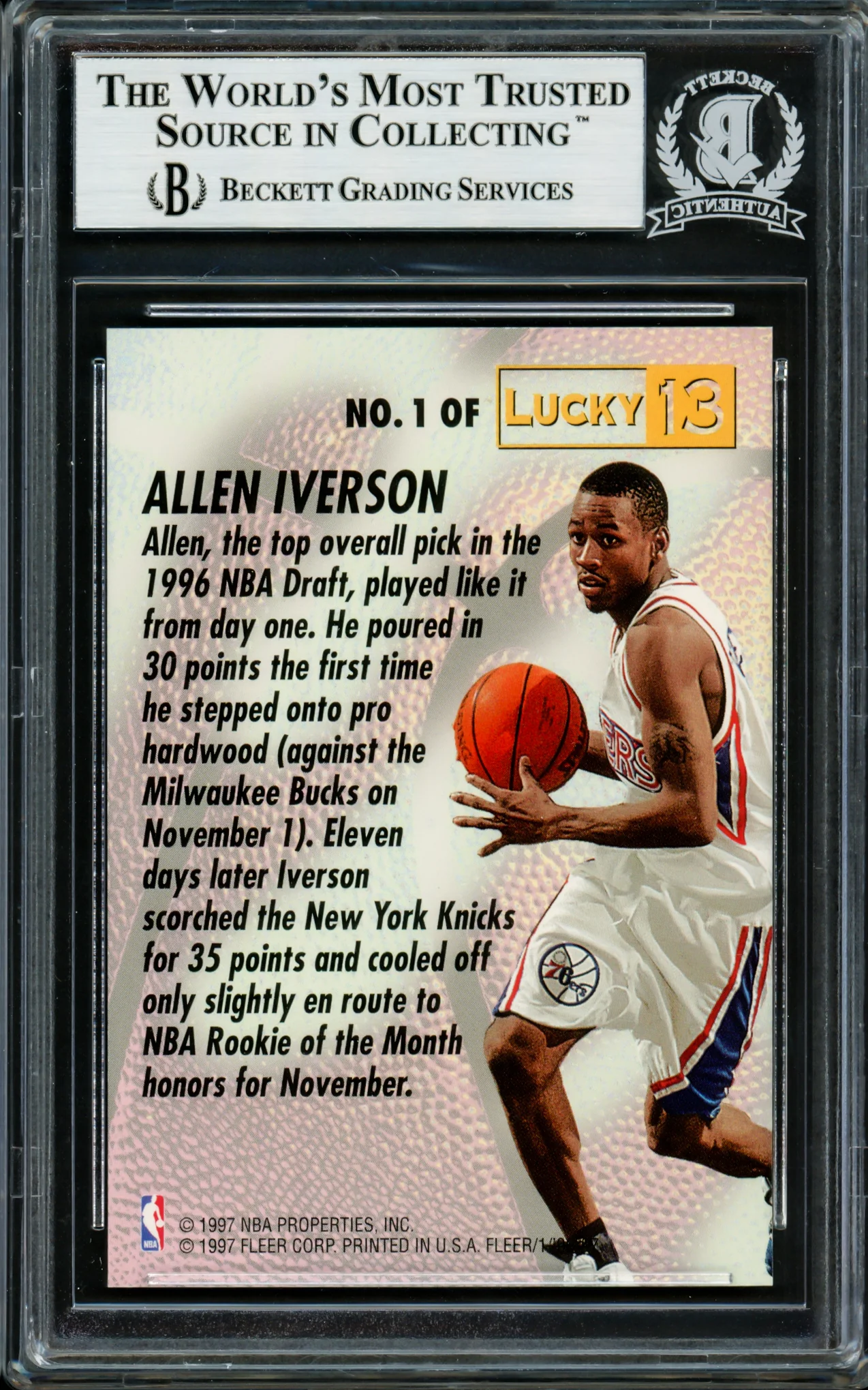 Allen Iverson Autographed 1996-97 Fleer Lucky 13 Rookie Card #1 Philadelphia 76ers Beckett BAS #14134118 - Image 2