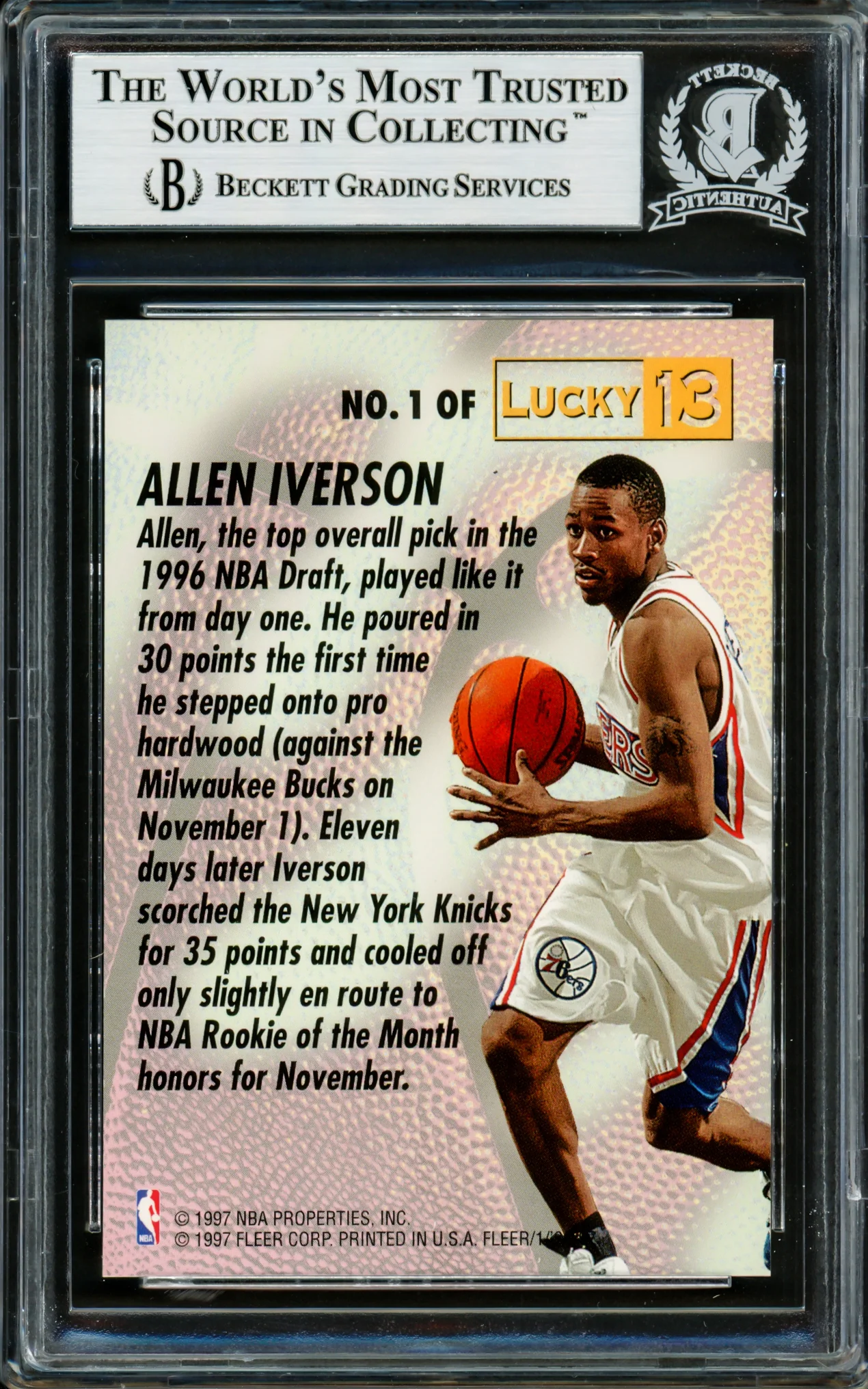 Allen Iverson Autographed 1996-97 Fleer Lucky 13 Rookie Card #1 Philadelphia 76ers Beckett BAS #14134119 - Image 2