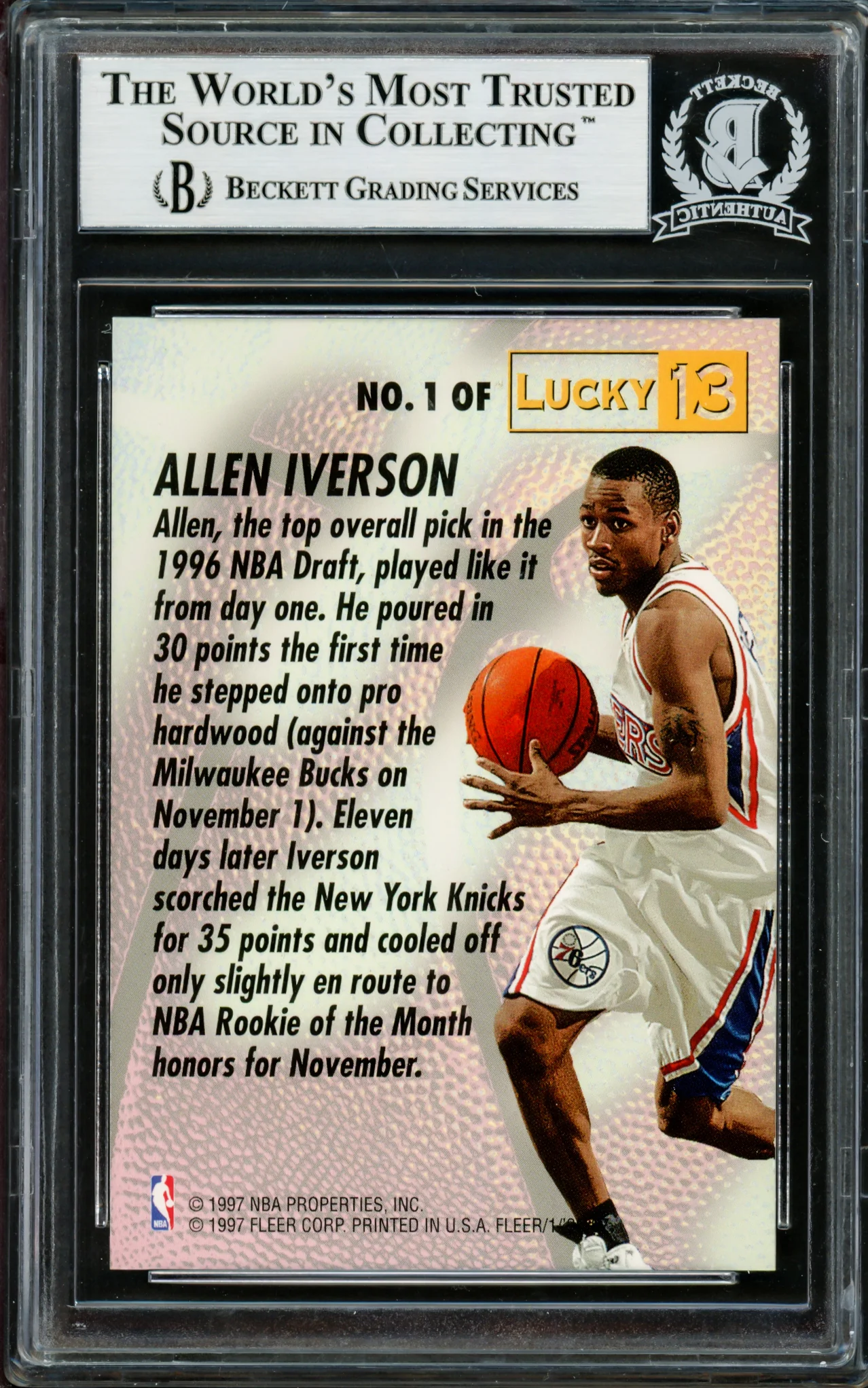 Allen Iverson Autographed 1996-97 Fleer Lucky 13 Rookie Card #1 Philadelphia 76ers Beckett BAS #14134120 - Image 2