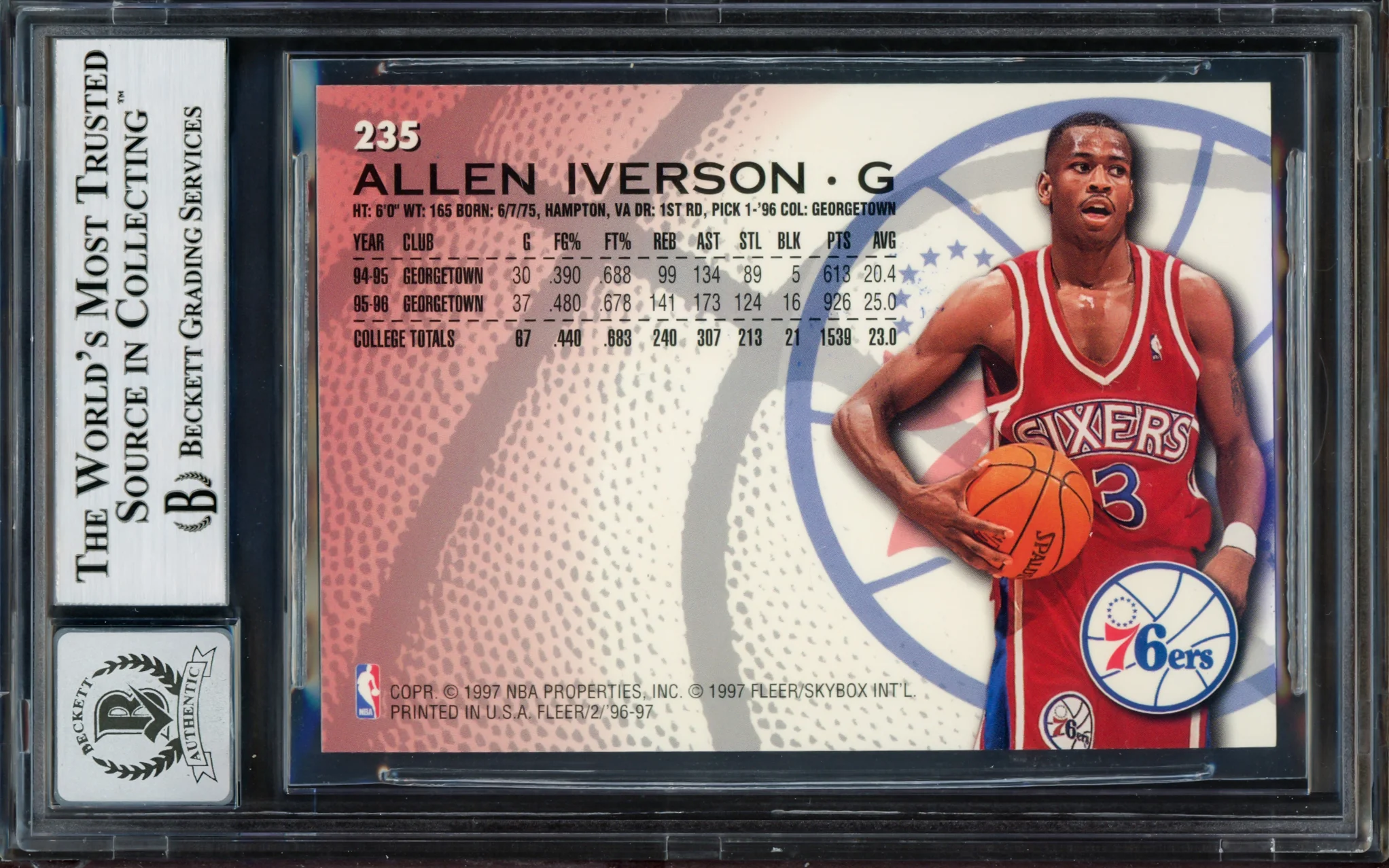 Allen Iverson Autographed 1996-97 Fleer Rookie Card #235 Philadelphia 76ers Auto Grade Gem Mint 10 Beckett BAS #14128963 - Image 2