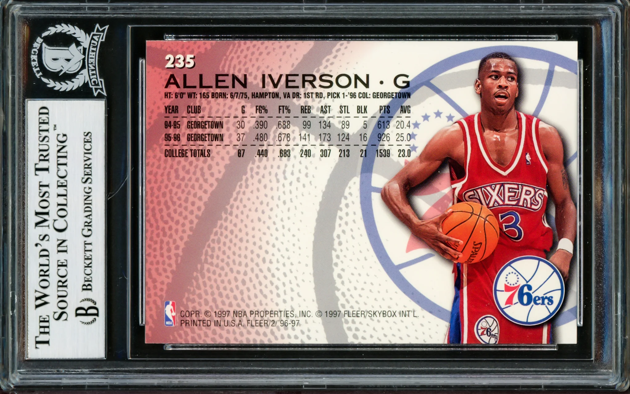 Allen Iverson Autographed 1996-97 Fleer Rookie Card #235 Philadelphia 76ers Beckett BAS Stock #203752 - Image 2