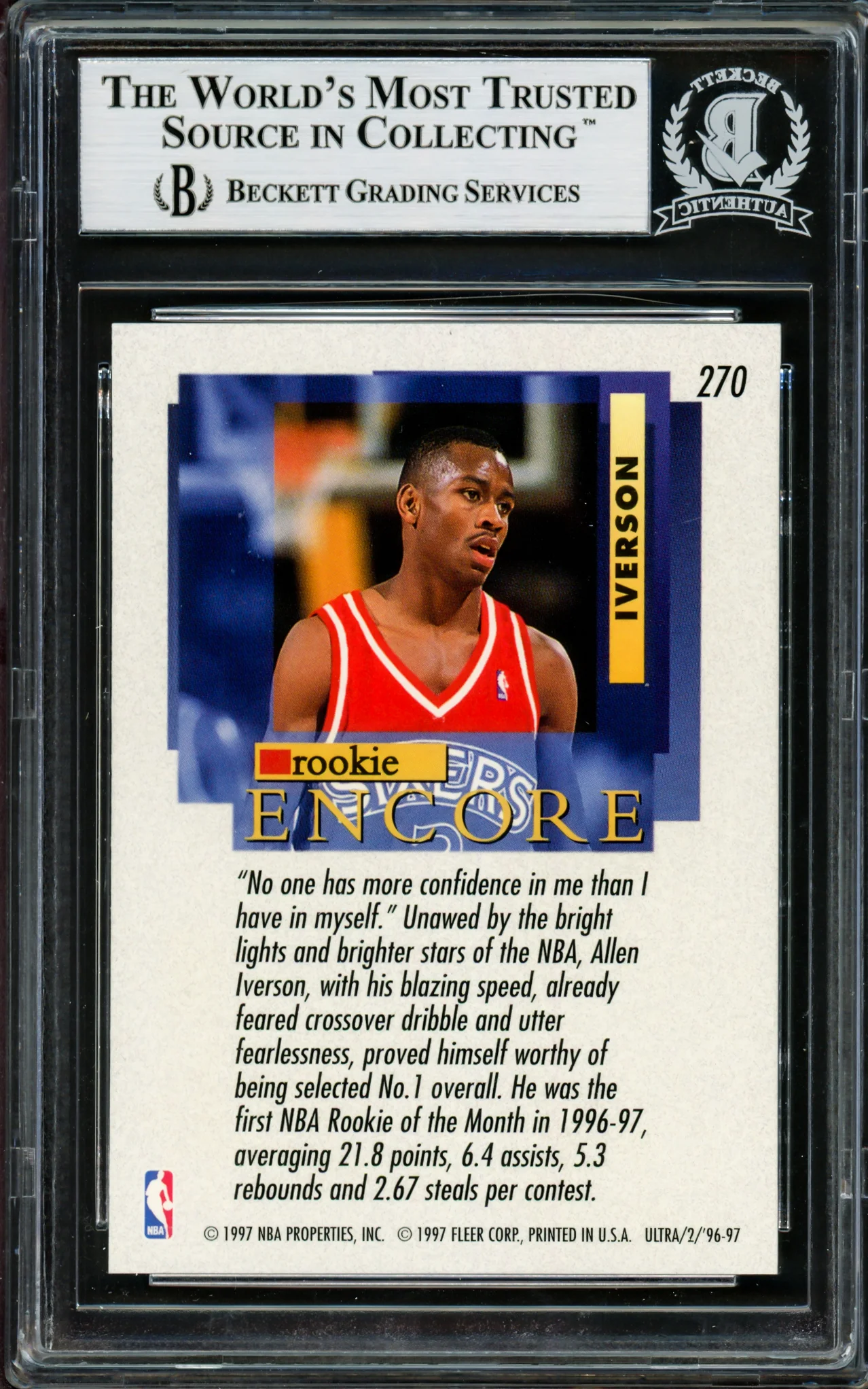 Allen Iverson Autographed 1996-97 Fleer Ultra Rookie Card #270 Philadelphia 76ers Beckett BAS #14133871 - Image 2