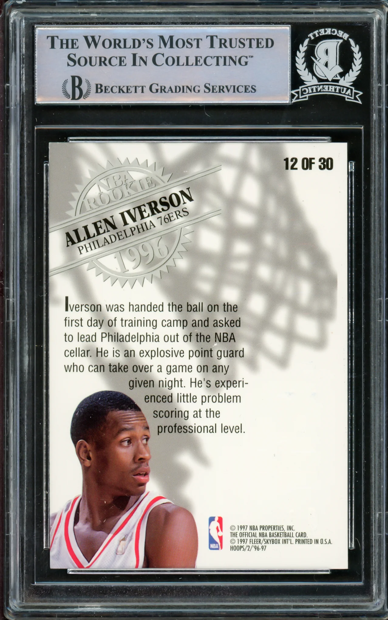 Allen Iverson Autographed 1996-97 Hoops NBA Rookie Card #12 Philadelphia 76ers Beckett BAS #14863450 - Image 2