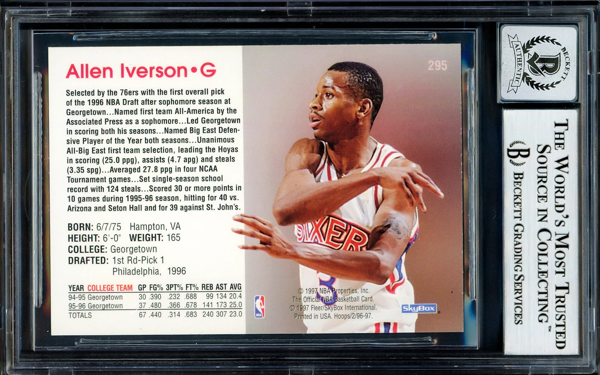 Allen Iverson Autographed 1996-97 Hoops Rookie Card #295 Philadelphia 76ers Auto Grade Gem Mint 10 Beckett BAS Stock #205798 - Image 2