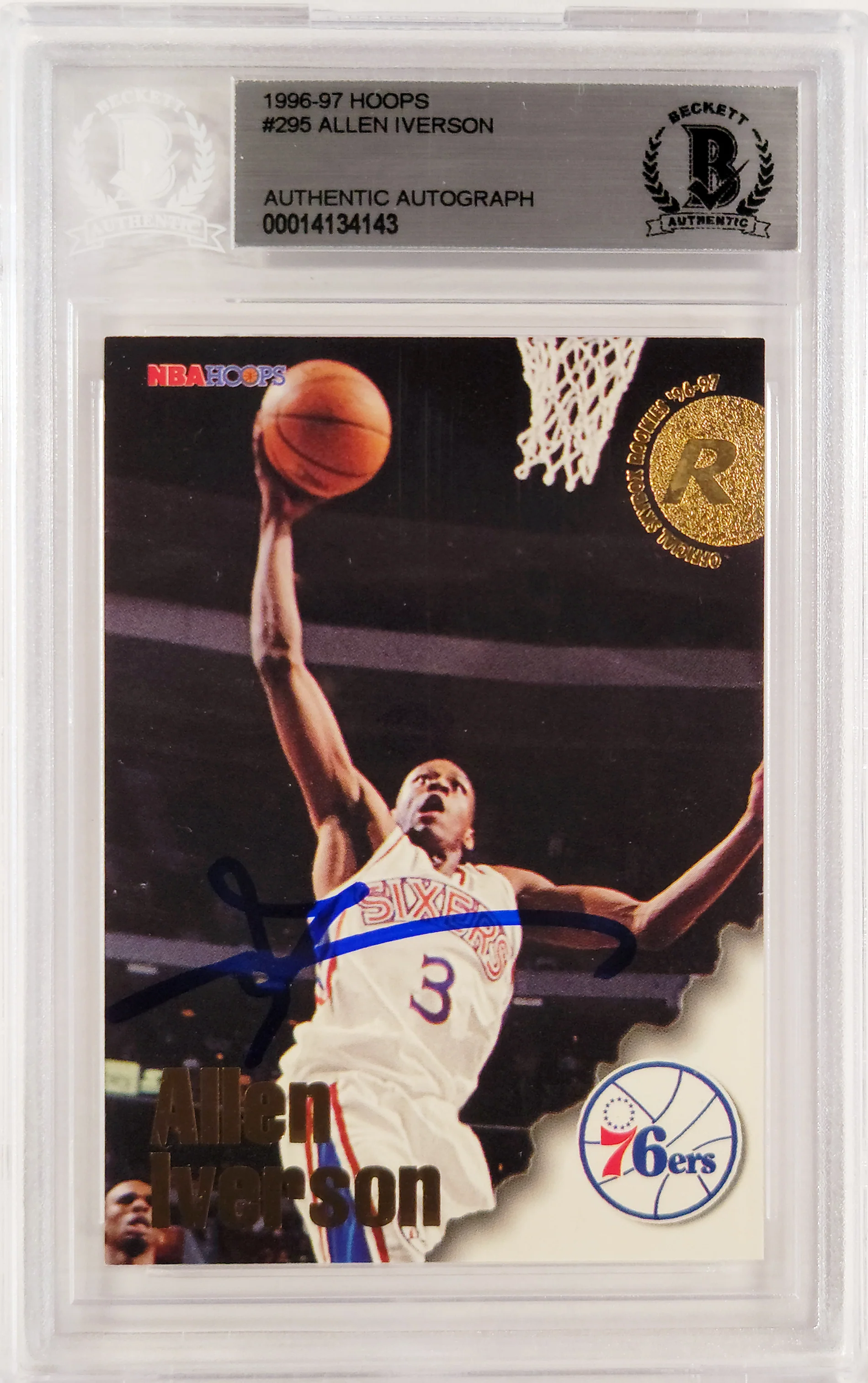 Allen Iverson Autographed 1996-97 Hoops Rookie Card #295 Philadelphia 76ers Beckett BAS #14134143 - Image 2