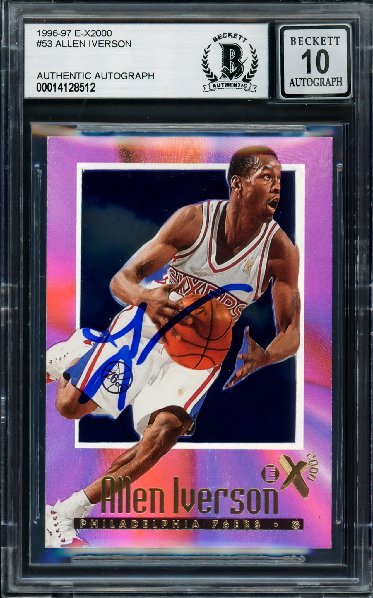 Allen Iverson Autographed 1996-97 Skybox E-X 2000 Rookie Card #53 Philadelphia 76ers Auto Grade Gem Mint 10 Beckett BAS #14128512