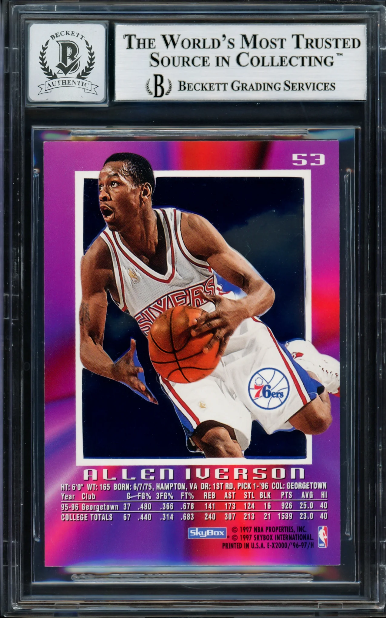 Allen Iverson Autographed 1996-97 Skybox E-X 2000 Rookie Card #53 Philadelphia 76ers Auto Grade Gem Mint 10 Beckett BAS #14128512 - Image 2