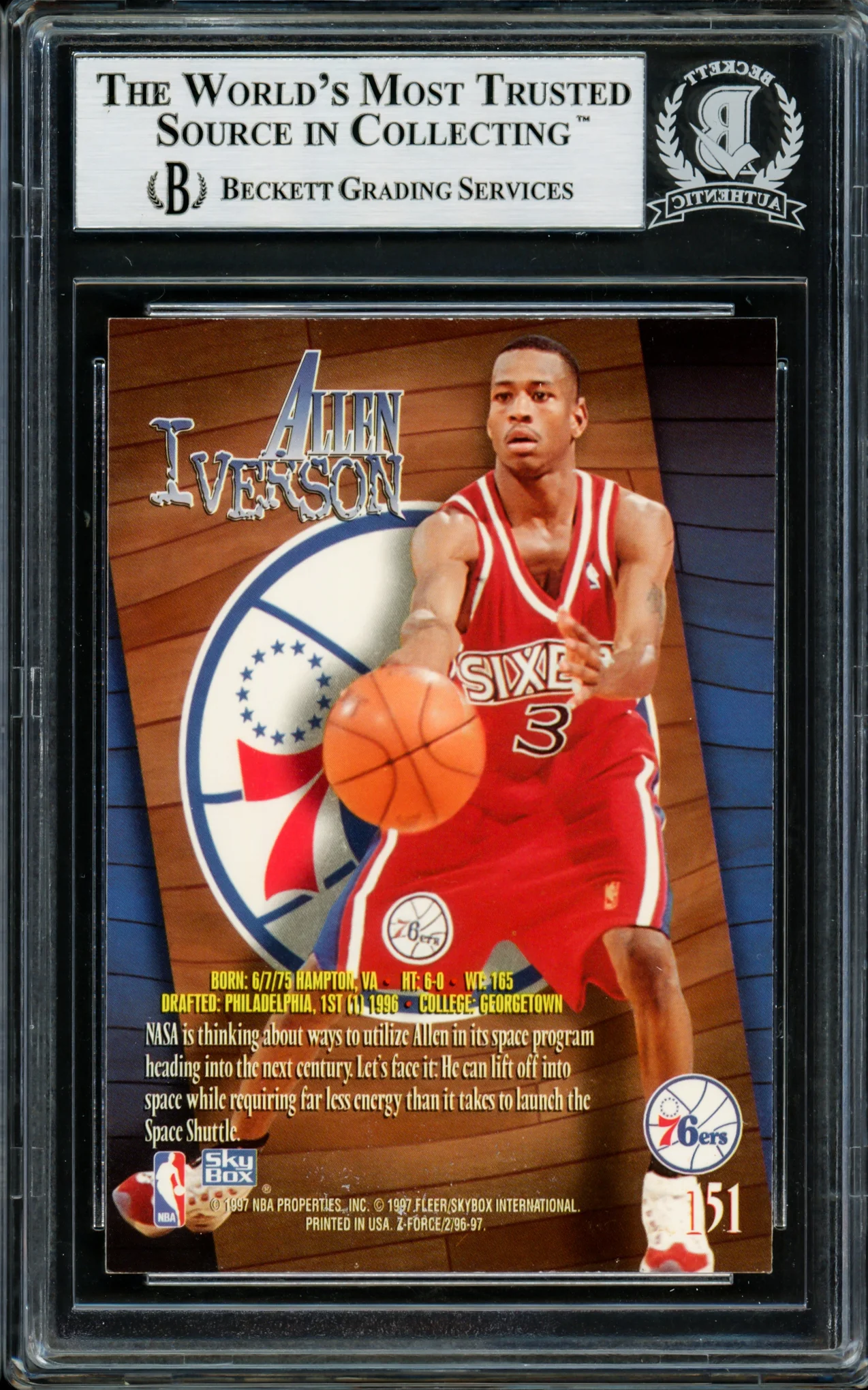 Allen Iverson Autographed 1996-97 Skybox Z Force Rookie Card #151 Philadelphia 76ers Beckett BAS Stock #203721 - Image 2