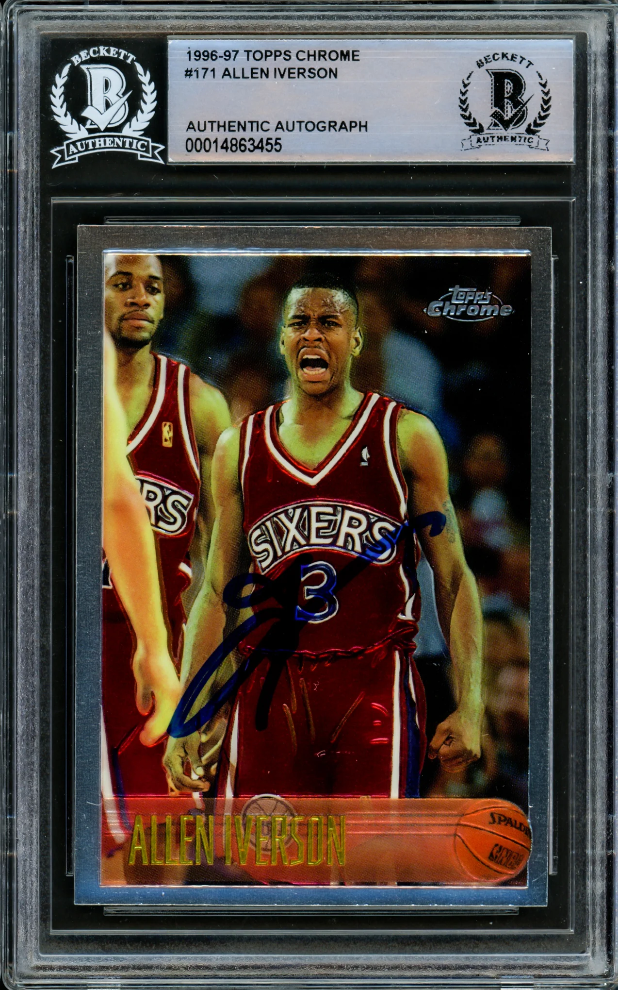 Allen Iverson Autographed 1996-97 Topps Chrome Rookie Card #171 Philadelphia 76ers Beckett BAS #14863455