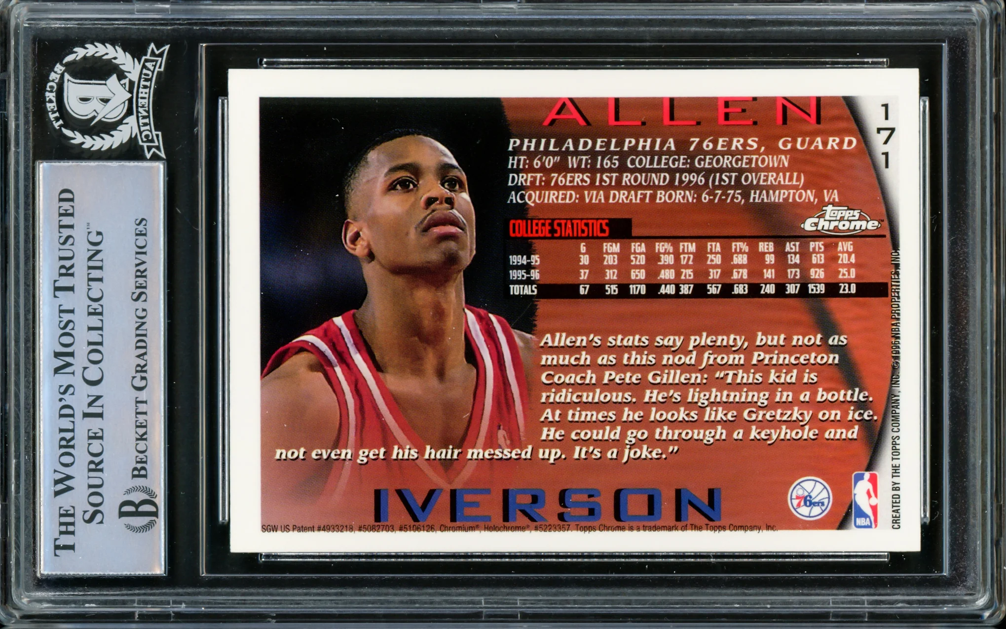 Allen Iverson Autographed 1996-97 Topps Chrome Rookie Card #171 Philadelphia 76ers Beckett BAS #14863455 - Image 2