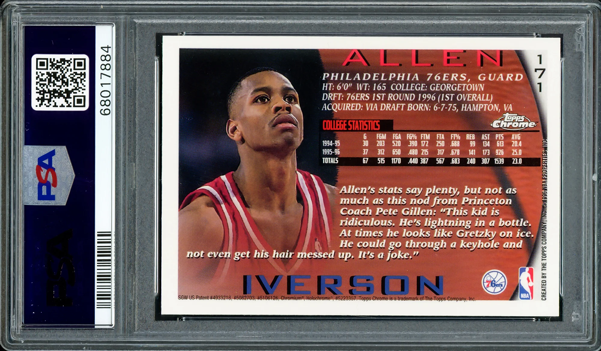 Allen Iverson Autographed 1996-97 Topps Chrome Rookie Card #171 Philadelphia 76ers PSA 6 Auto Grade Gem Mint 10 PSA/DNA #68017884 - Image 2