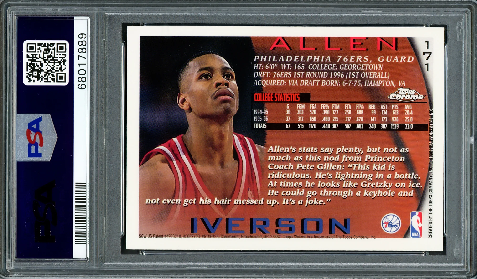 Allen Iverson Autographed 1996-97 Topps Chrome Rookie Card #171 Philadelphia 76ers PSA 8 Auto Grade Gem Mint 10 PSA/DNA #68017889 - Image 2