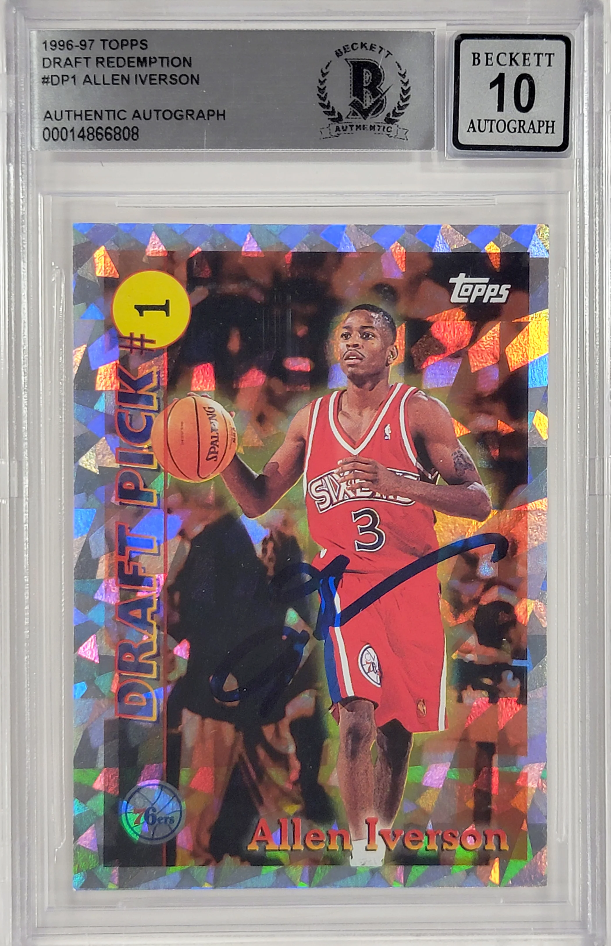 Allen Iverson Autographed 1996-97 Topps Draft Pick Rookie Card #DP1 Philadelphia 76ers Auto Grade Gem Mint 10 Beckett BAS #14866808 - Image 2