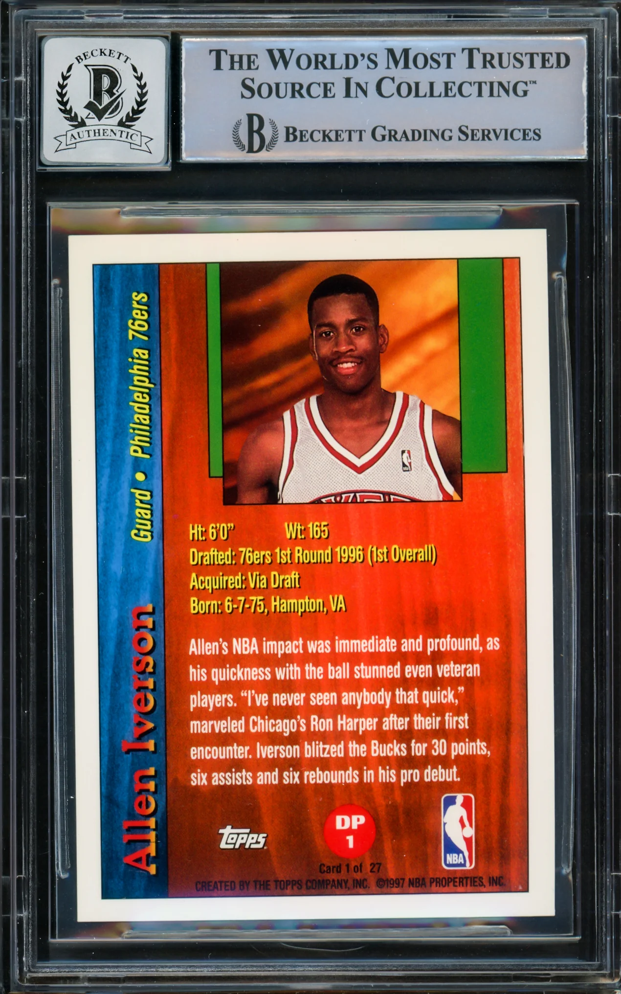 Allen Iverson Autographed 1996-97 Topps Draft Pick Rookie Card #DP1 Philadelphia 76ers Auto Grade Gem Mint 10 Beckett BAS #14866808 - Image 4