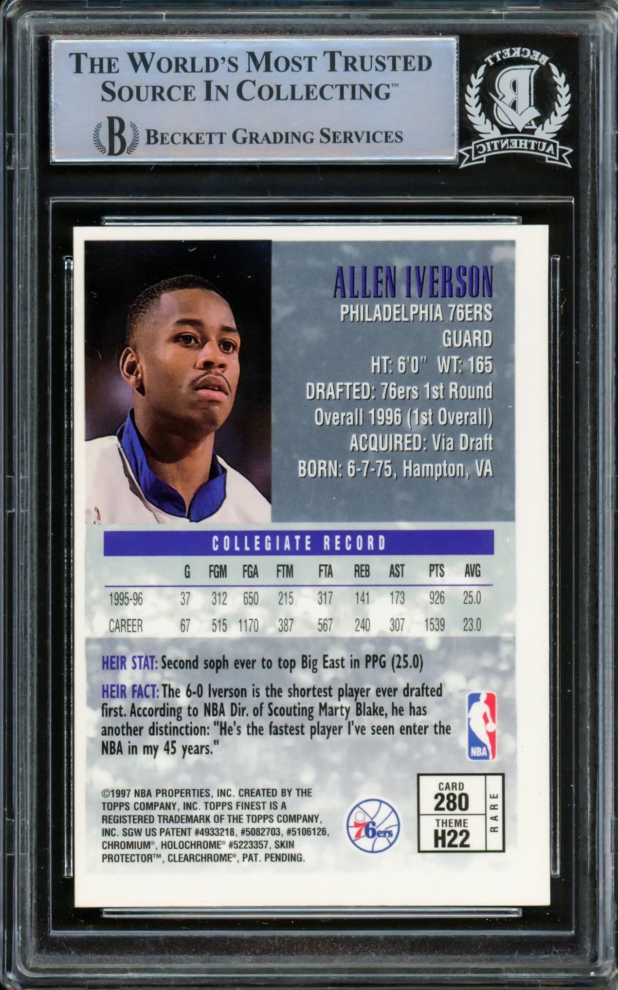 Allen Iverson Autographed 1996-97 Topps Finest Gold Rookie Card #280 Philadelphia 76ers Beckett BAS #14863445 - Image 2