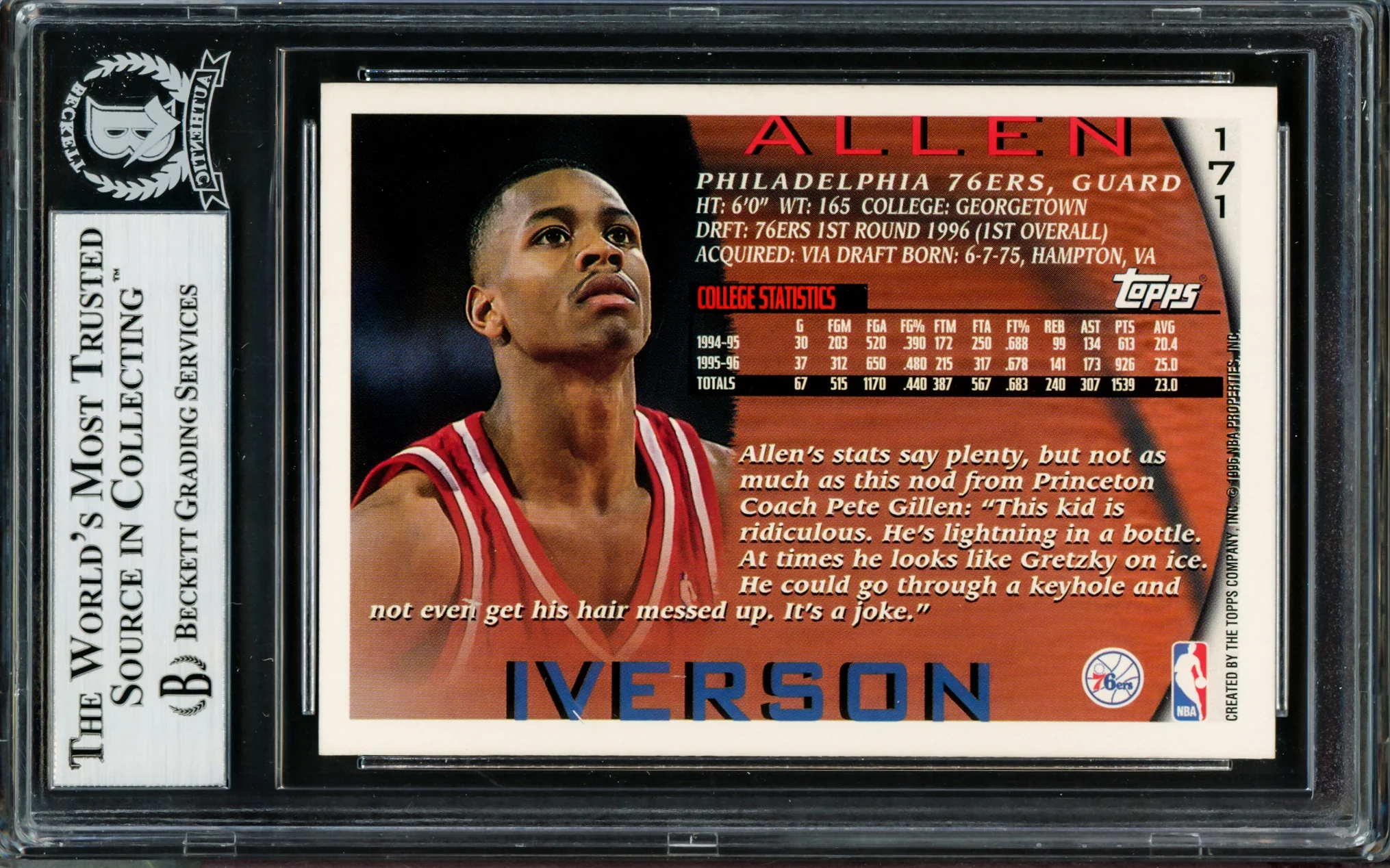 Allen Iverson Autographed 1996-97 Topps Starting Lineup Rookie Card #171 Philadelphia 76ers Beckett BAS #14133883 - Image 2