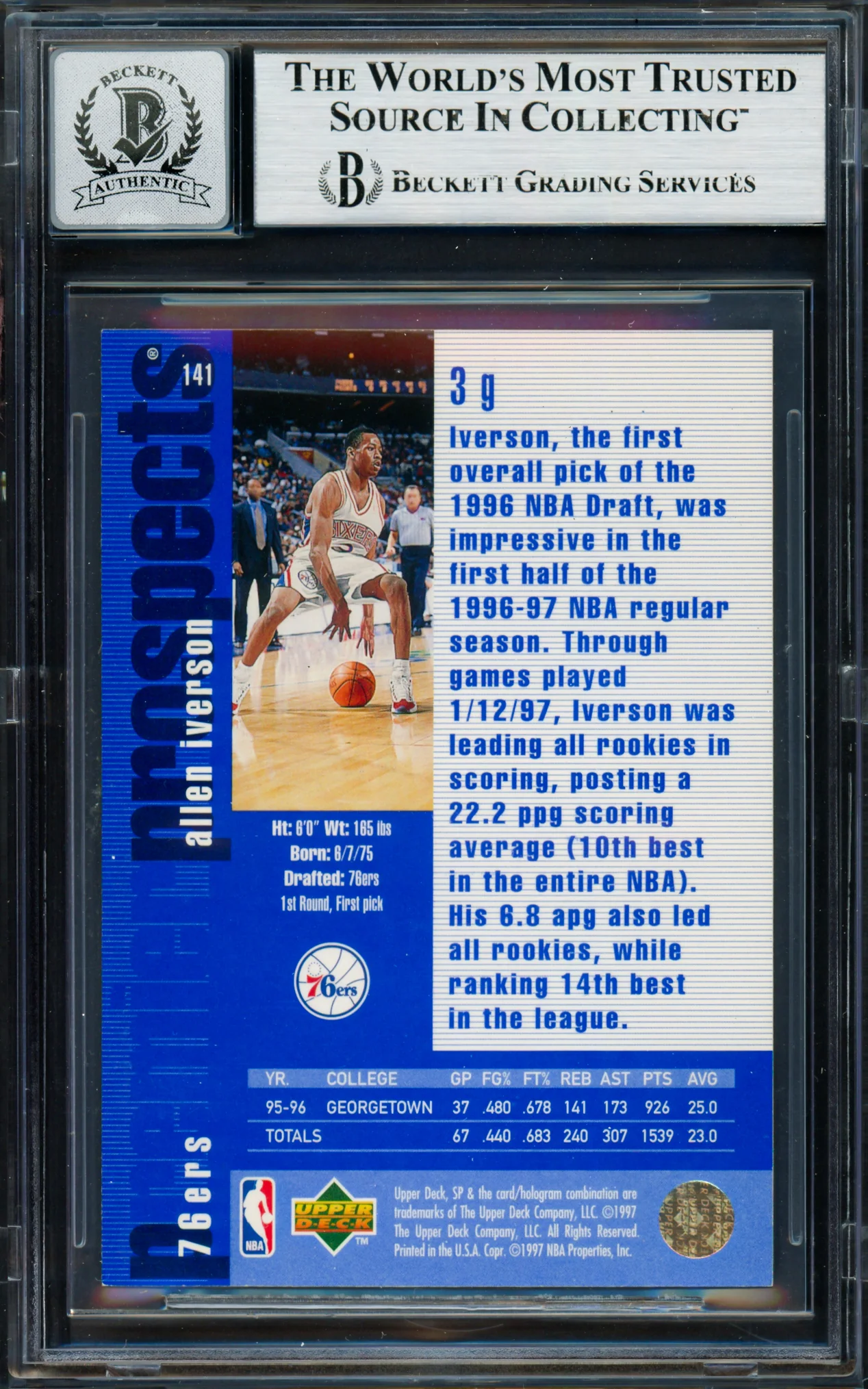 Allen Iverson Autographed 1996-97 Upper Deck SP Rookie Card #141 Philadelphia 76ers Auto Grade Gem Mint 10 Beckett BAS #19659441 - Image 2