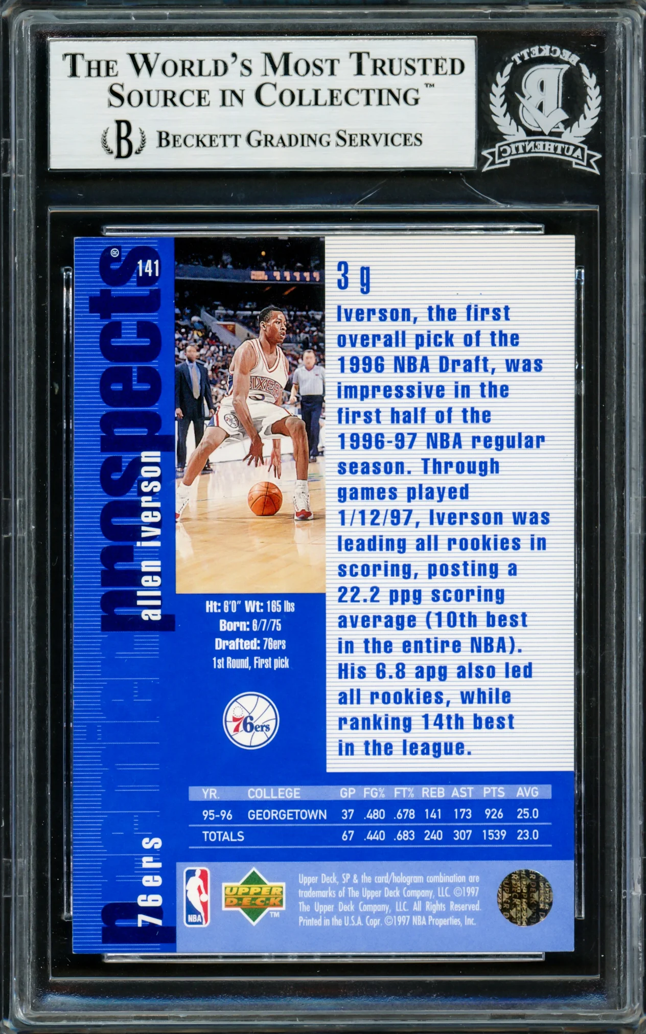 Allen Iverson Autographed 1996-97 Upper Deck SP Rookie Card #141 Philadelphia 76ers Beckett BAS Stock #220169 - Image 2