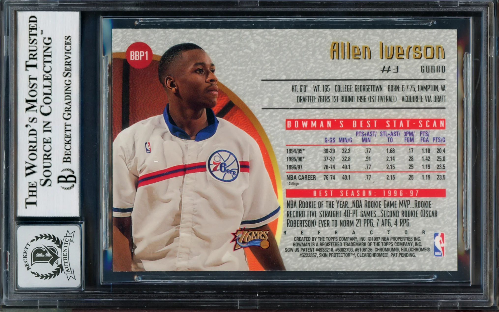 Allen Iverson Autographed 1997-98 Bowman's Best Preview Refractor Rookie Card #BBP1 Philadelphia 76ers Auto Grade Gem Mint 10 Beckett BAS #14128586 - Image 2