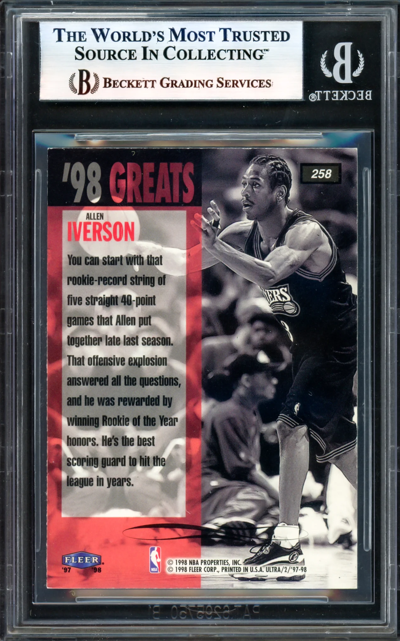 Allen Iverson Autographed 1997-98 Fleer Ultra Card #258 Philadelphia 76ers Beckett BAS Witness #17005798 - Image 2