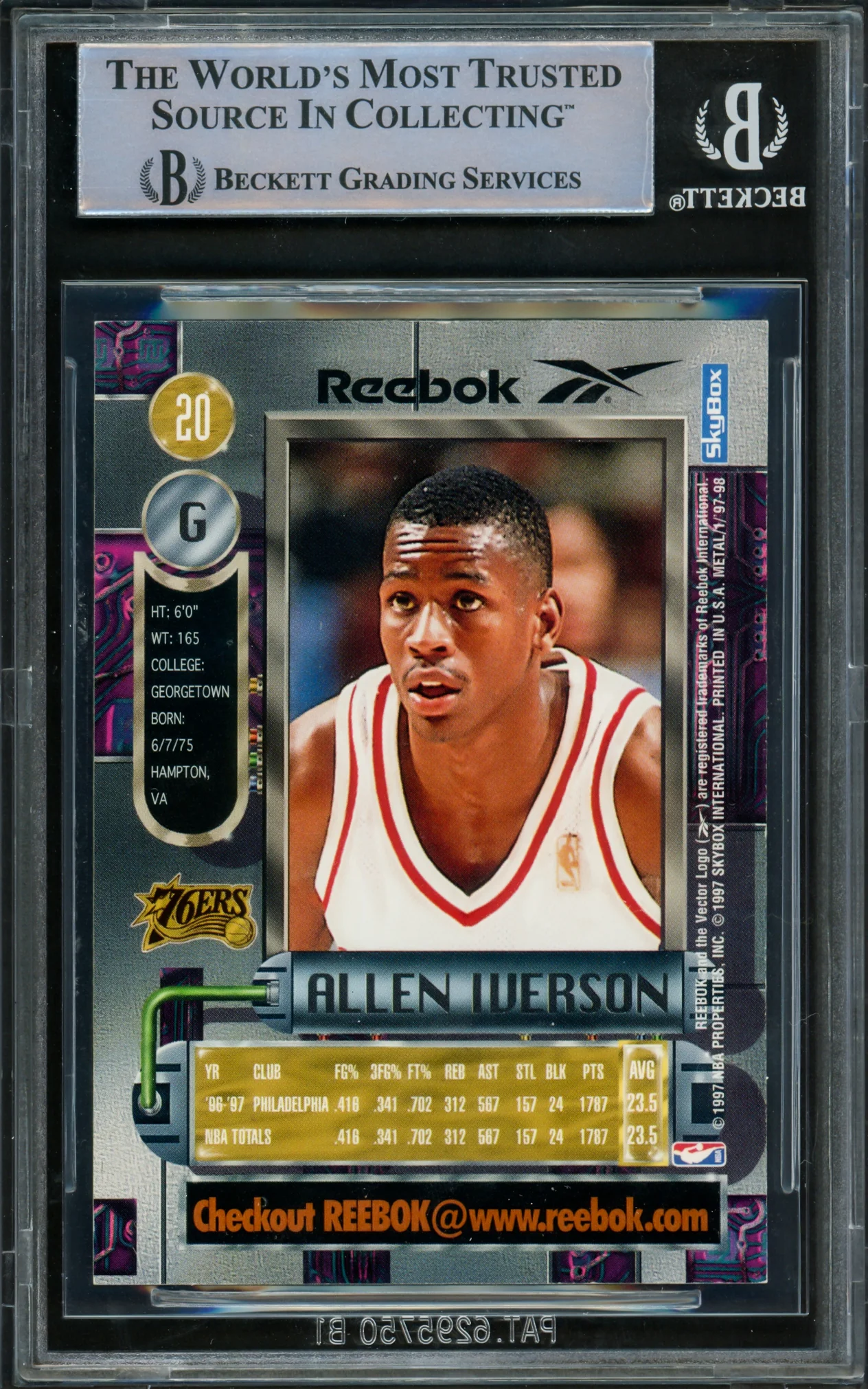 Allen Iverson Autographed 1997-98 Metal Universe Reebok Bronze Card #20 Philadelphia 76ers Beckett BAS Witnessed #16562918 - Image 2