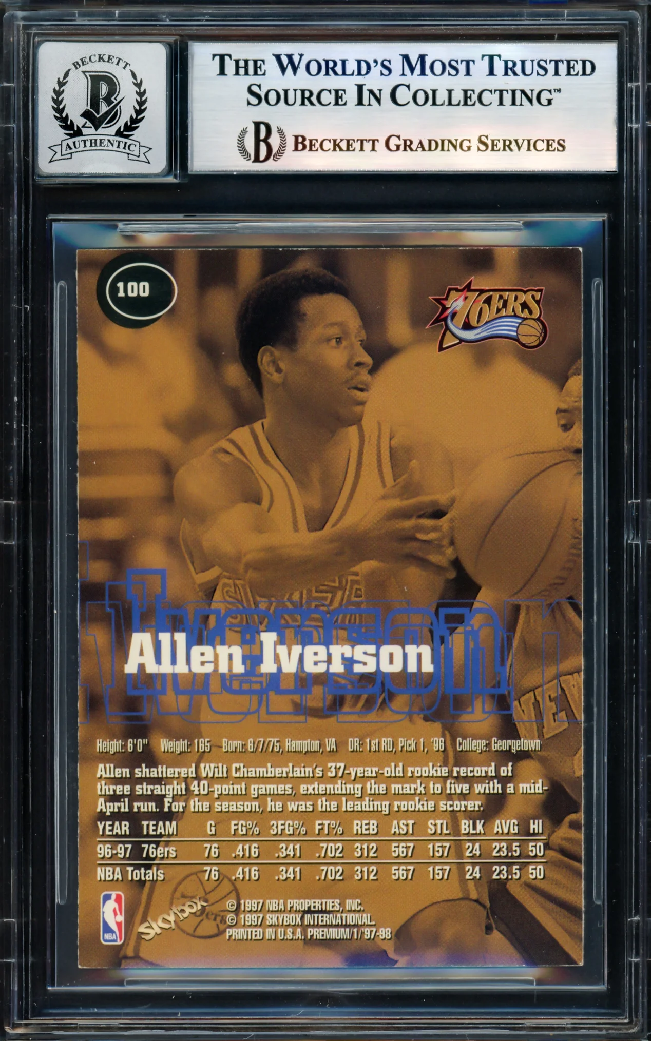 Allen Iverson Autographed 1997-98 Skybox Premium Card #100 Card Philadelphia 76ers Auto Grade Gem Mint 10 Beckett BAS Witness Stock #235048 - Image 2