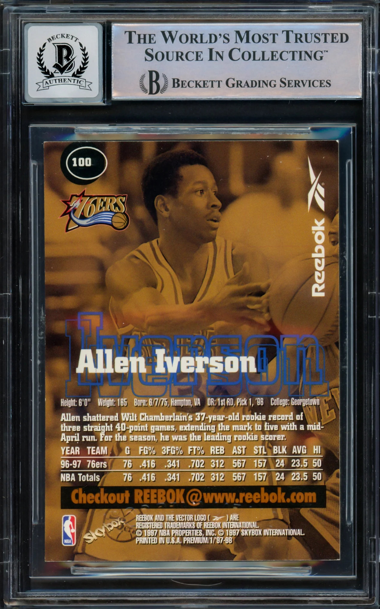 Allen Iverson Autographed 1997-98 Skybox Premium Reebok Bronze Card #100 Philadelphia 76ers Auto Grade Gem Mint 10 Beckett BAS Witnessed #16562222 - Image 2