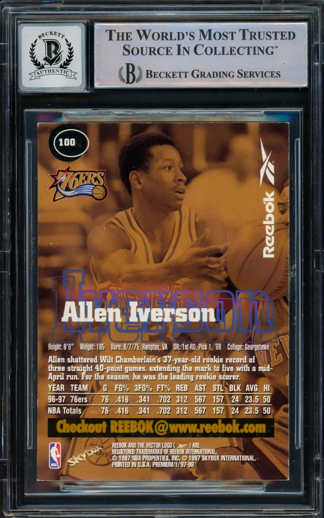 Allen Iverson Autographed 1997-98 Skybox Premium Reebok Gold Card #100 Philadelphia 76ers Auto Grade Gem Mint 10 Beckett BAS Witnessed #16562228 - Image 2