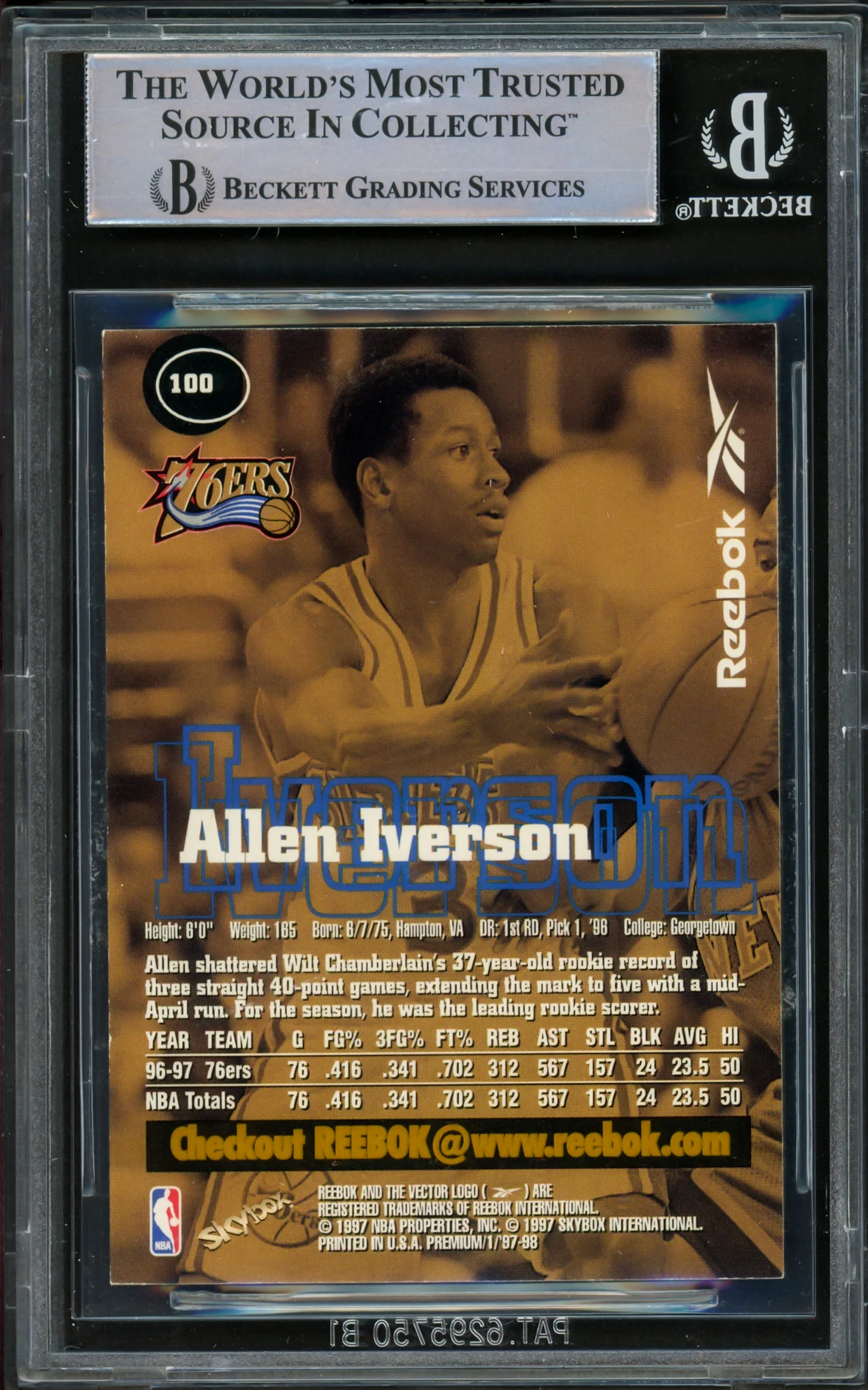 Allen Iverson Autographed 1997-98 Skybox Premium Reebok Gold Card #100 Philadelphia 76ers Beckett BAS Witnessed #16562960 - Image 2