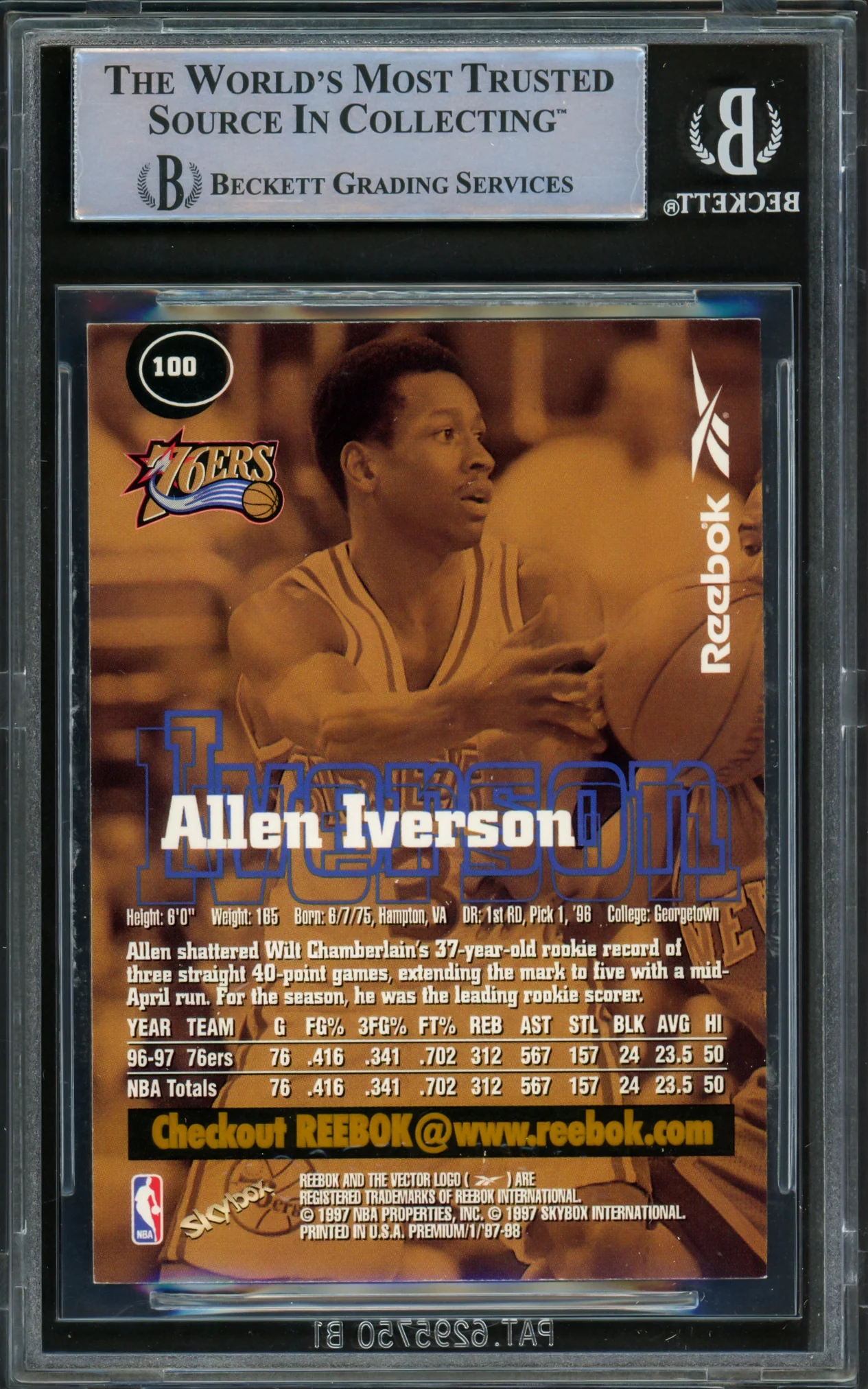 Allen Iverson Autographed 1997-98 Skybox Premium Reebok Gold Card #100 Philadelphia 76ers Beckett BAS Witnessed #16562963 - Image 2