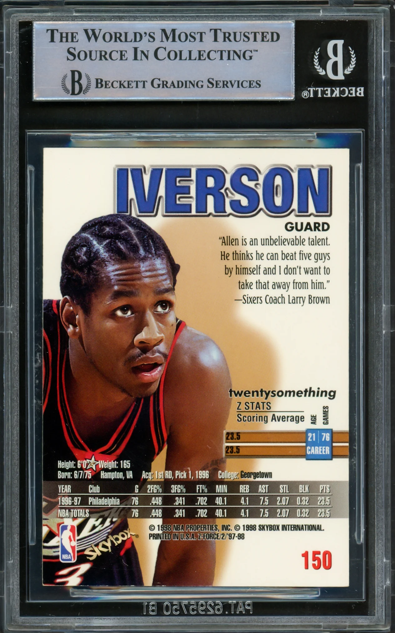 Allen Iverson Autographed 1997-98 Skybox Z-Force Card #150 Philadelphia 76ers Beckett BAS Witnessed #16562906 - Image 2