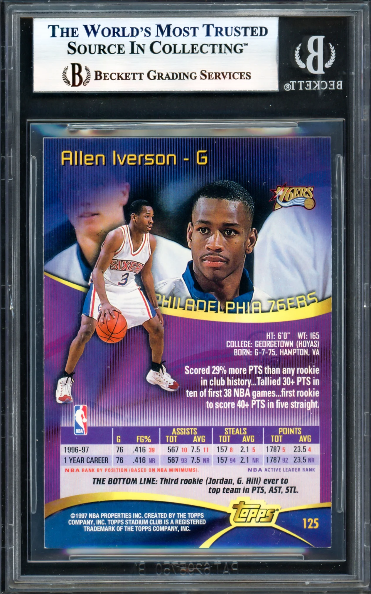 Allen Iverson Autographed 1997-98 Stadium Club Card #125 Philadelphia 76ers Beckett BAS Witness #17005687 - Image 2