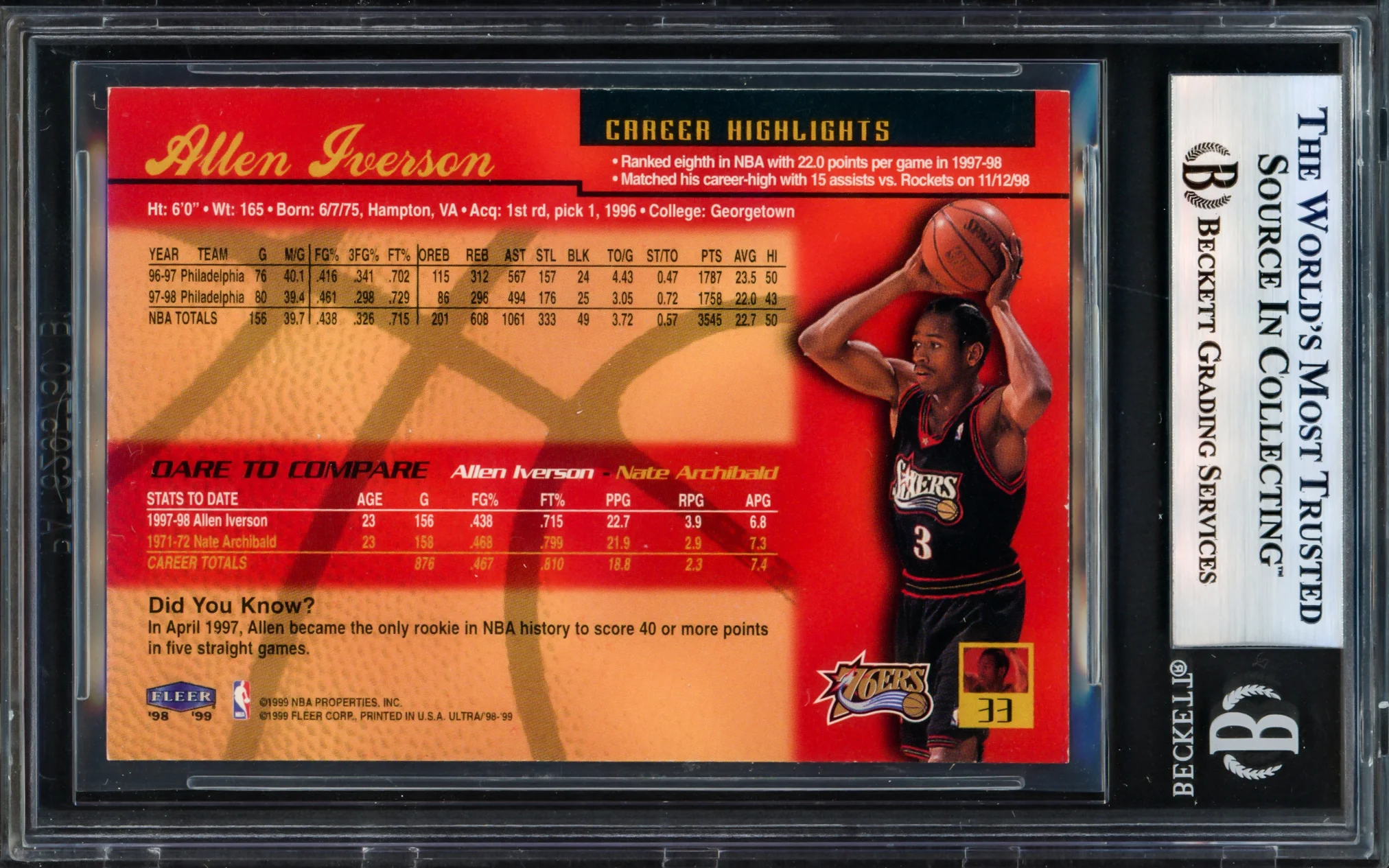Allen Iverson Autographed 1998-99 Fleer Ultra Card #33 Card Philadelphia 76ers Beckett BAS Witness Stock #235053 - Image 2