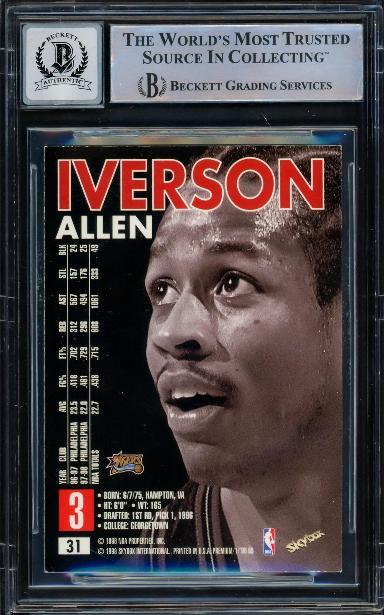 Allen Iverson Autographed 1998-99 Skybox Premium Card #31 Philadelphia 76ers Auto Grade Gem Mint 10 Beckett BAS Witnessed #16561829 - Image 2