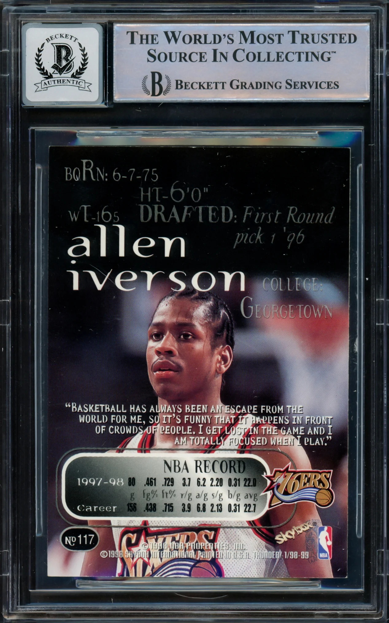 Allen Iverson Autographed 1998-99 Skybox Thunder Card #117 Philadelphia 76ers Auto Grade Gem Mint 10 Beckett BAS Witnessed #16562008 - Image 2