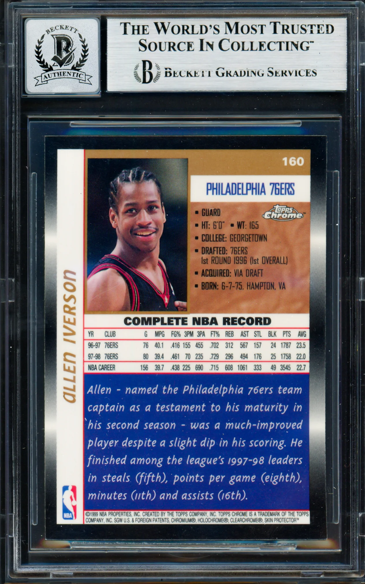 Allen Iverson Autographed 1998-99 Topps Chrome Card #160 Philadelphia 76ers Auto Grade Gem Mint 10 Beckett BAS #19659531 - Image 2