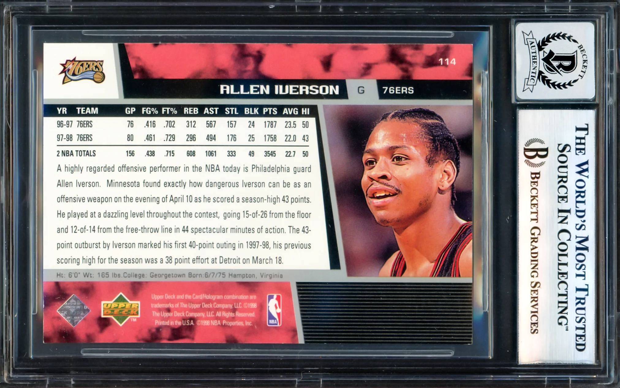 Allen Iverson Autographed 1998-99 Upper Deck Card #114 Philadelphia 76ers Auto Grade Gem Mint 10 Beckett BAS Witness #17004300 - Image 2
