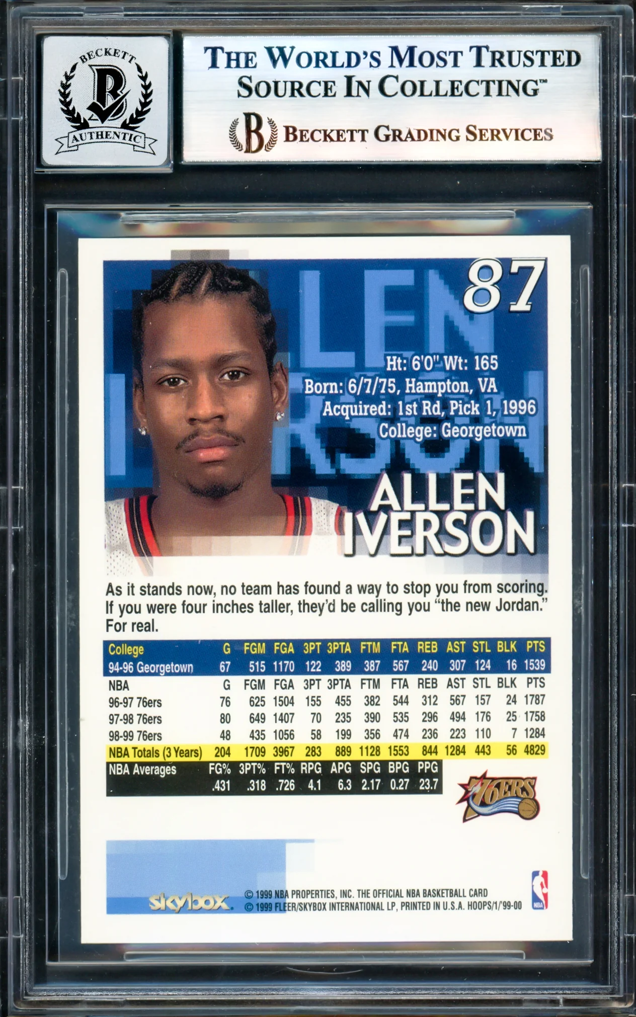 Allen Iverson Autographed 1999-00 Hoops Card #87 Philadelphia 76ers Auto Grade Gem Mint 10 Beckett BAS Witness #17005011 - Image 2