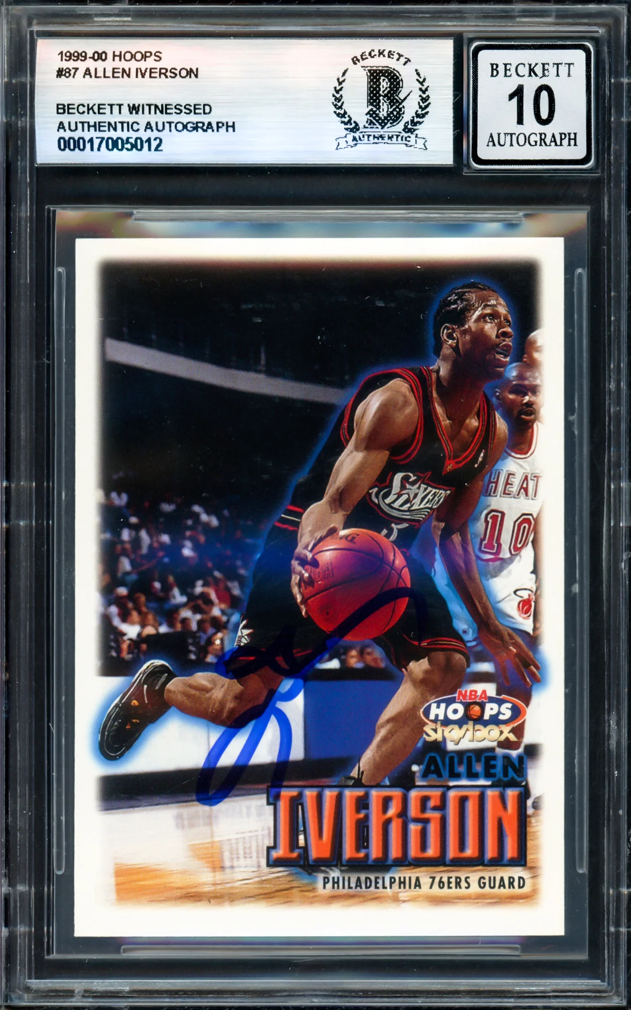 Allen Iverson Autographed 1999-00 Hoops Card #87 Philadelphia 76ers Auto Grade Gem Mint 10 Beckett BAS Witness #17005012