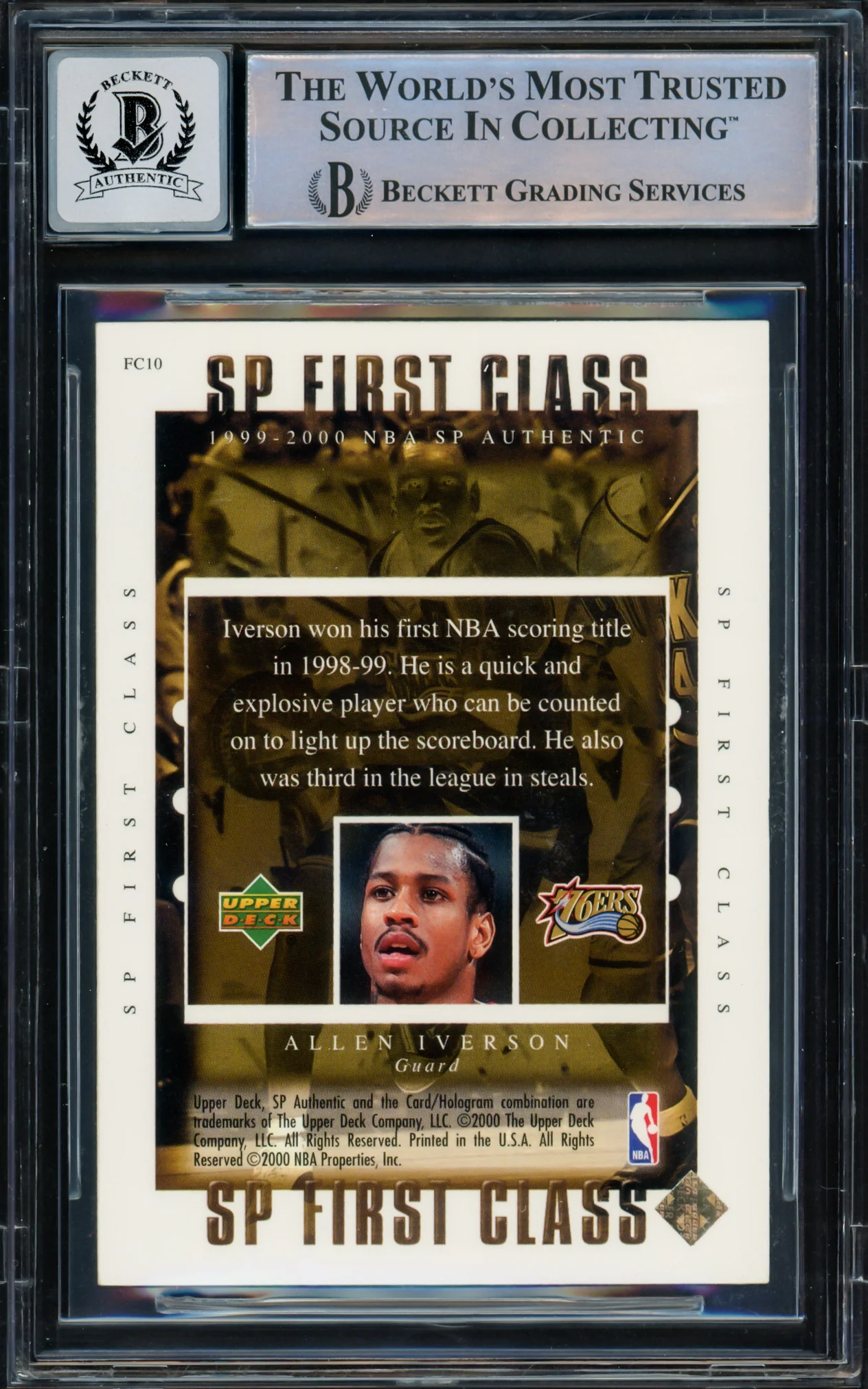 Allen Iverson Autographed 1999-00 SP Authentic First Class Card #FC10 Philadelphia 76ers Auto Grade Gem Mint 10 Beckett BAS Witnessed #16562224 - Image 2
