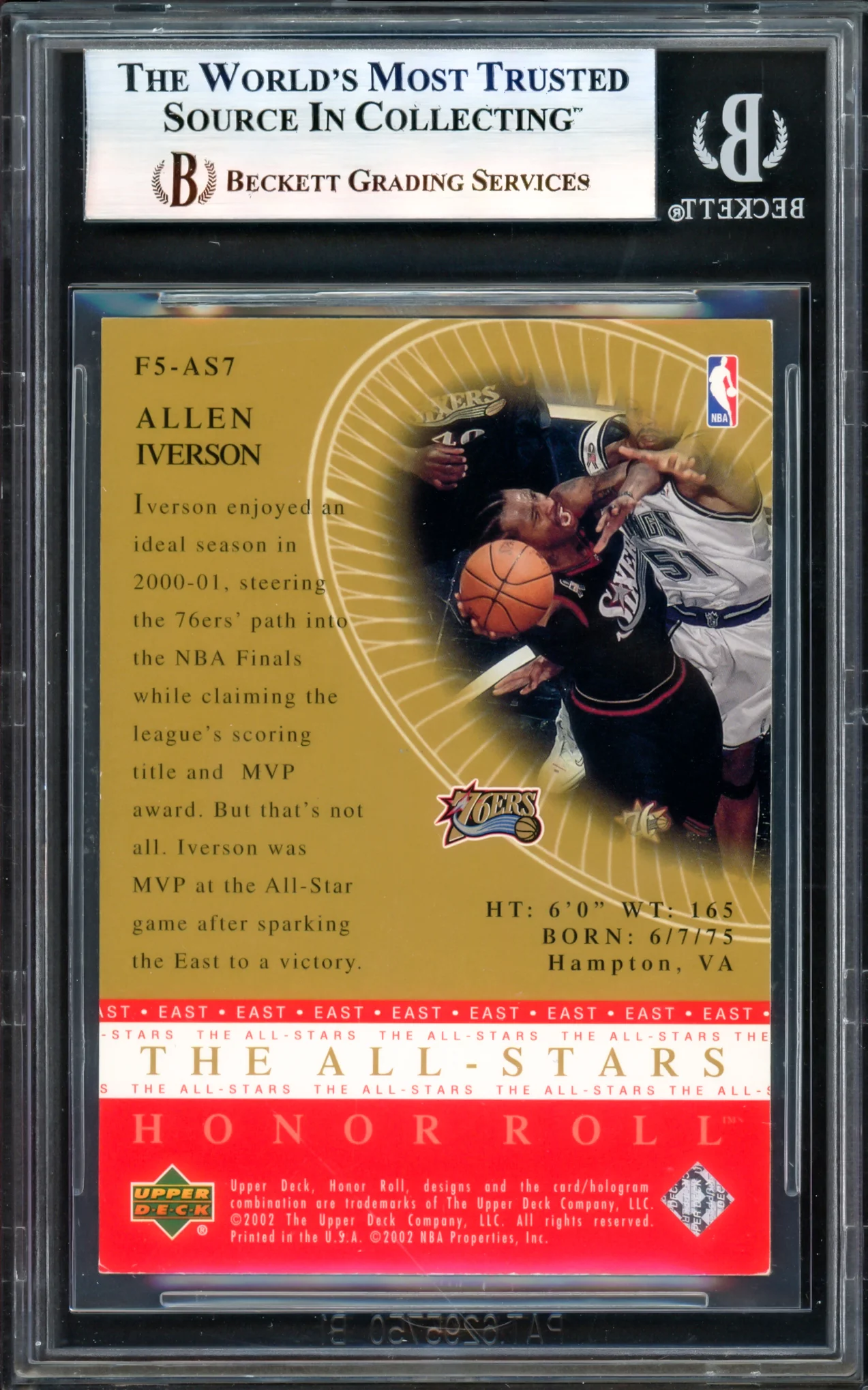 Allen Iverson Autographed 2001-02 Upper Deck Honor Roll Fab Five All-Stars Card #7 Philadelphia 76ers Beckett BAS Witness #17005748 - Image 2