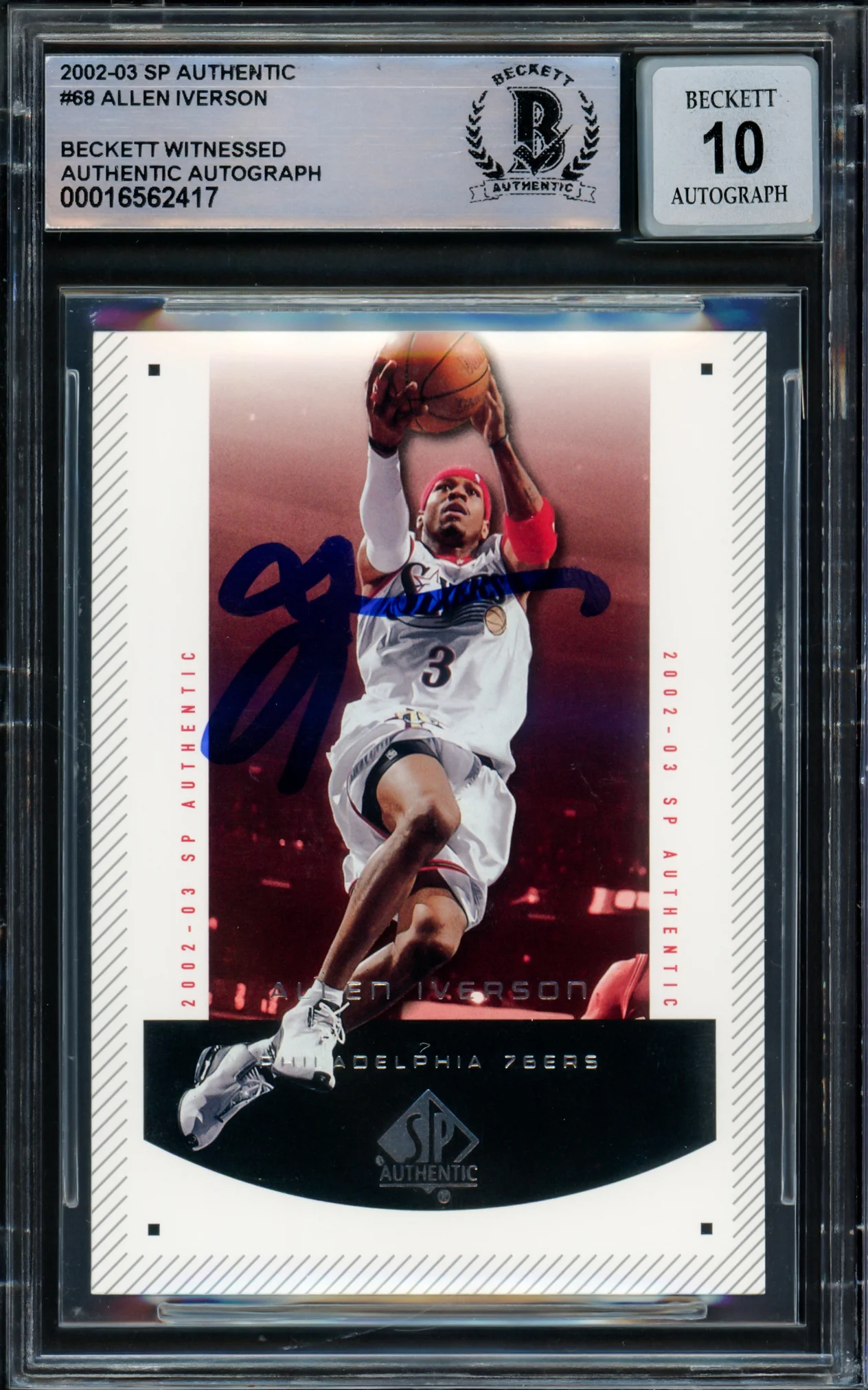 Allen Iverson Autographed 2002-03 SP Authentic Card #68 Philadelphia 76ers Auto Grade Gem Mint 10 Beckett BAS Witnessed Stock #233492