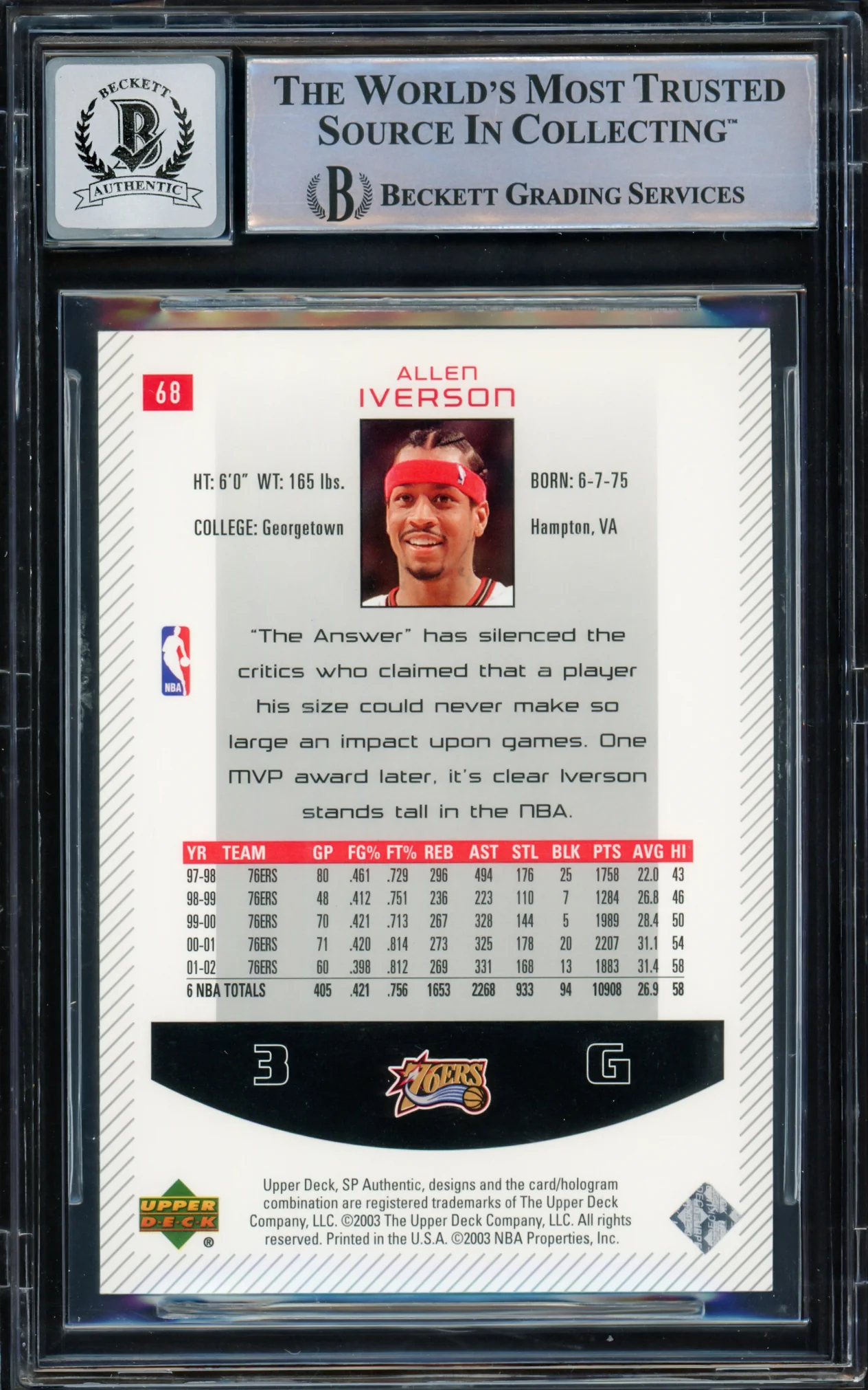 Allen Iverson Autographed 2002-03 SP Authentic Card #68 Philadelphia 76ers Auto Grade Gem Mint 10 Beckett BAS Witnessed Stock #233492 - Image 2