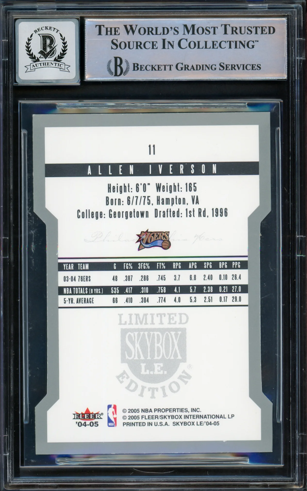 Allen Iverson Autographed 2004-05 Skybox LE Card #11 Philadelphia 76ers Auto Grade Gem Mint 10 Beckett BAS Witnessed #16561804 - Image 2